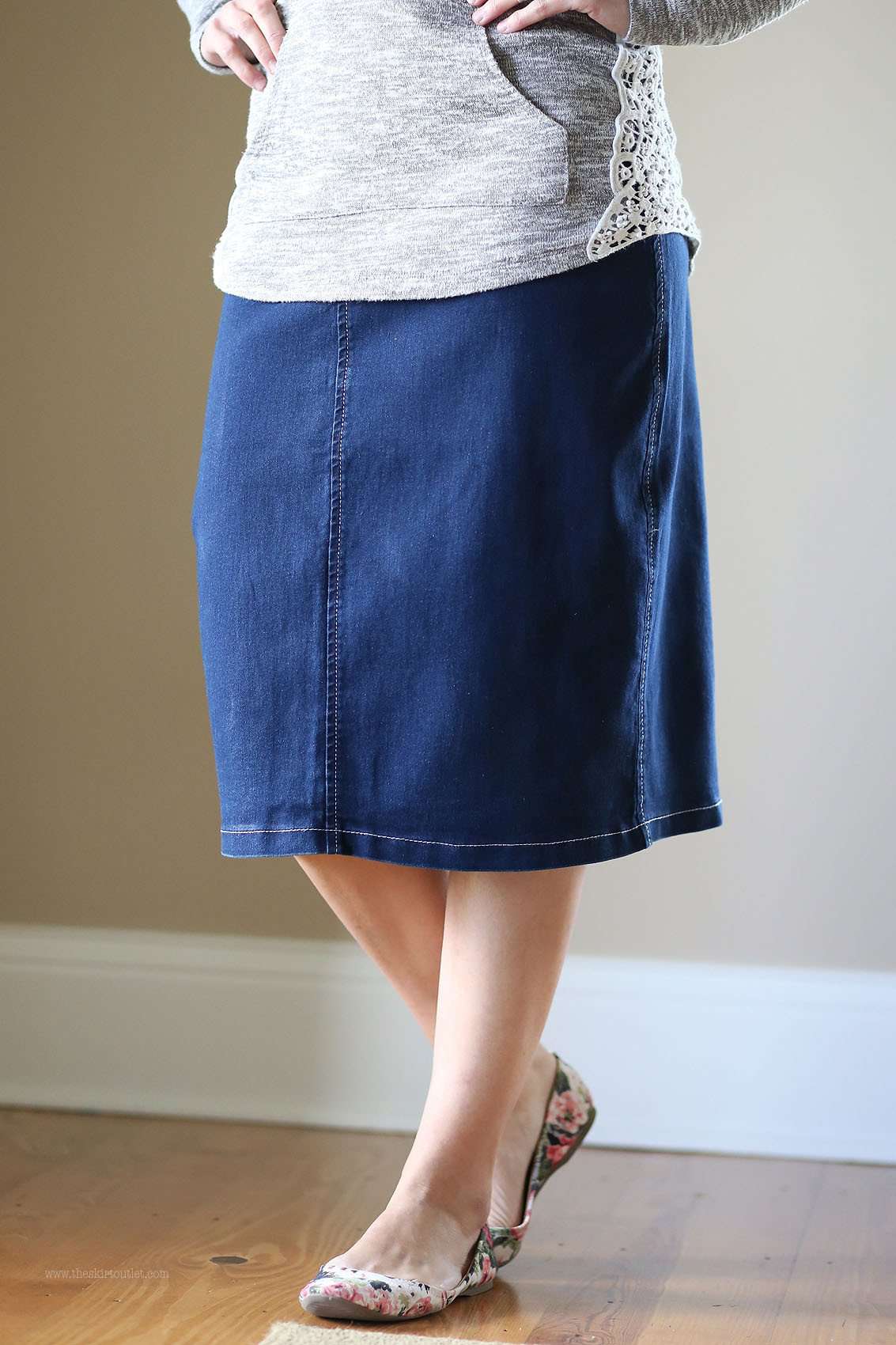 Lounge-N-Denim Skirt | Below Knee Jean Skirt Sizes 4-14