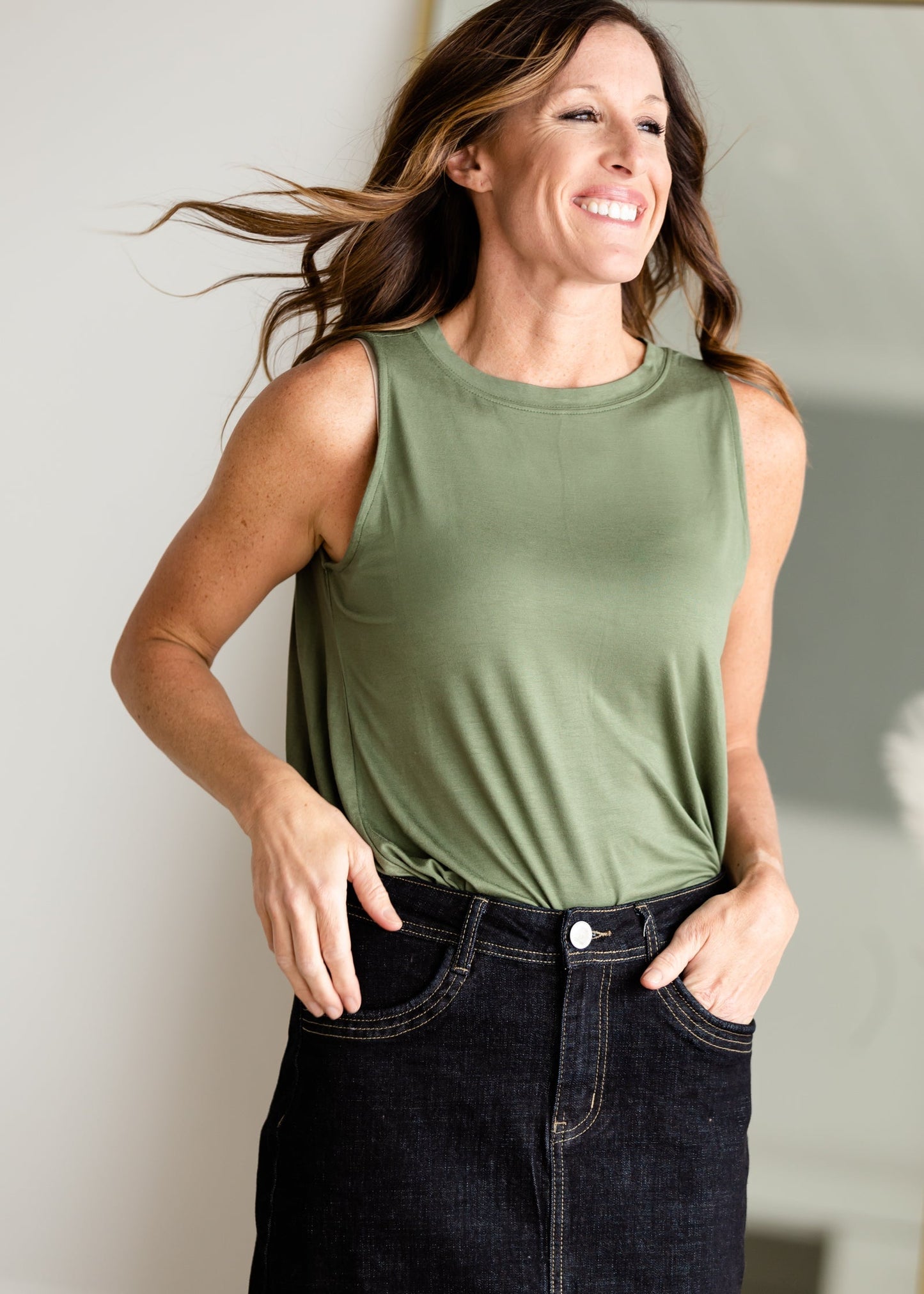 Luxe Round Neck Hi-Low Hem Tank Top Shirt Zenana Olive / S