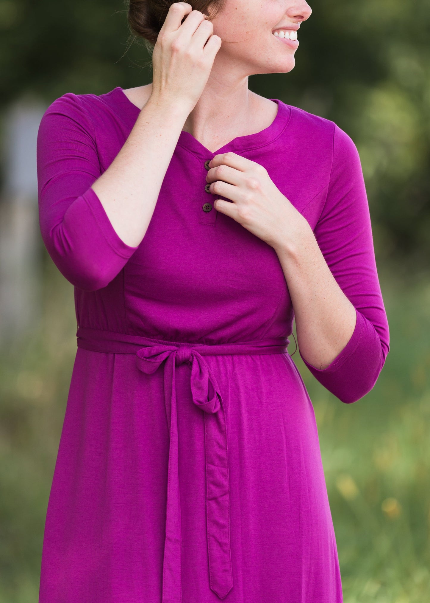 Women's long pink maxi dress that is fully lined, nursing friendly and comes with a belt