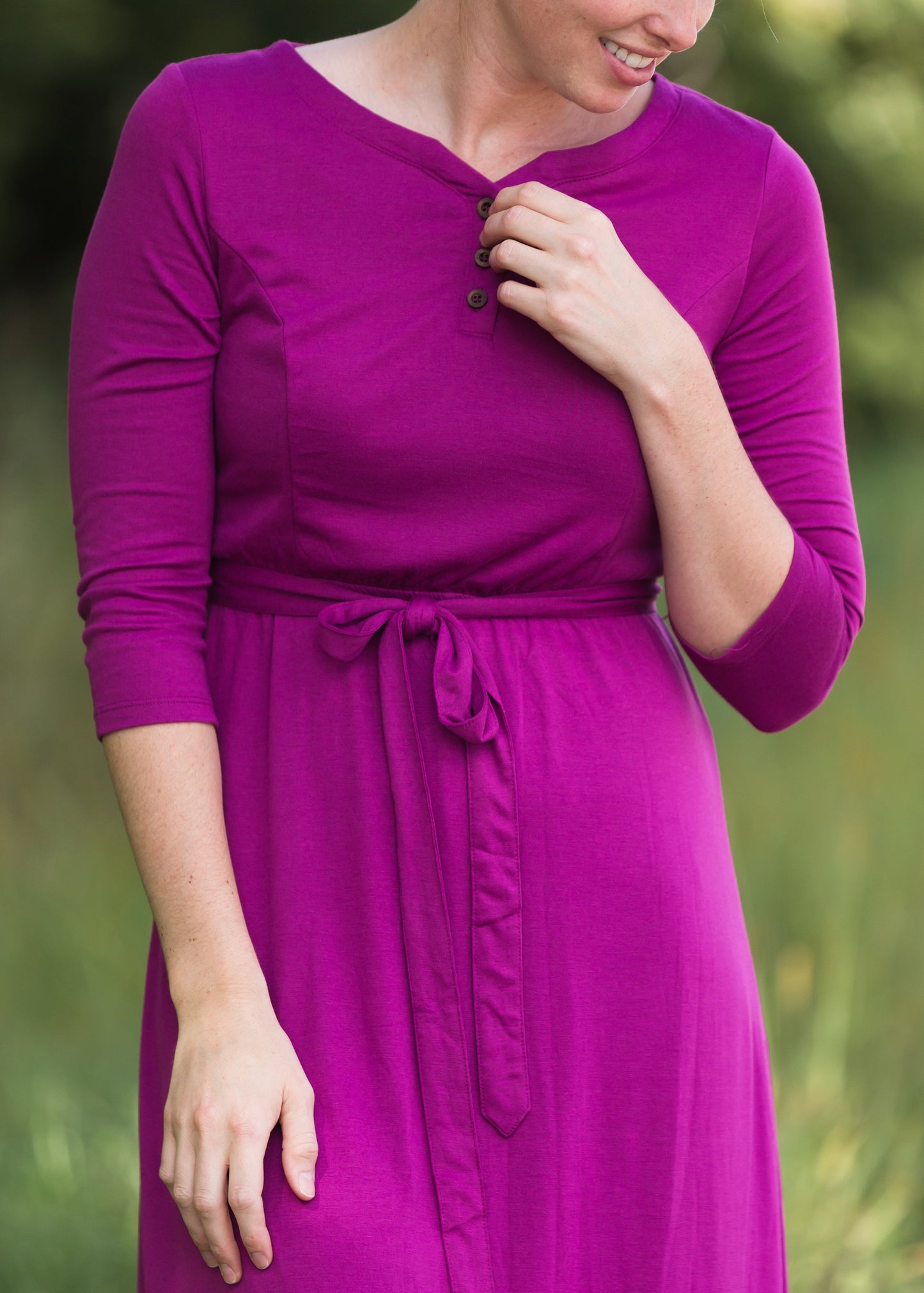 Women's long pink maxi dress that is fully lined, nursing friendly and comes with a belt