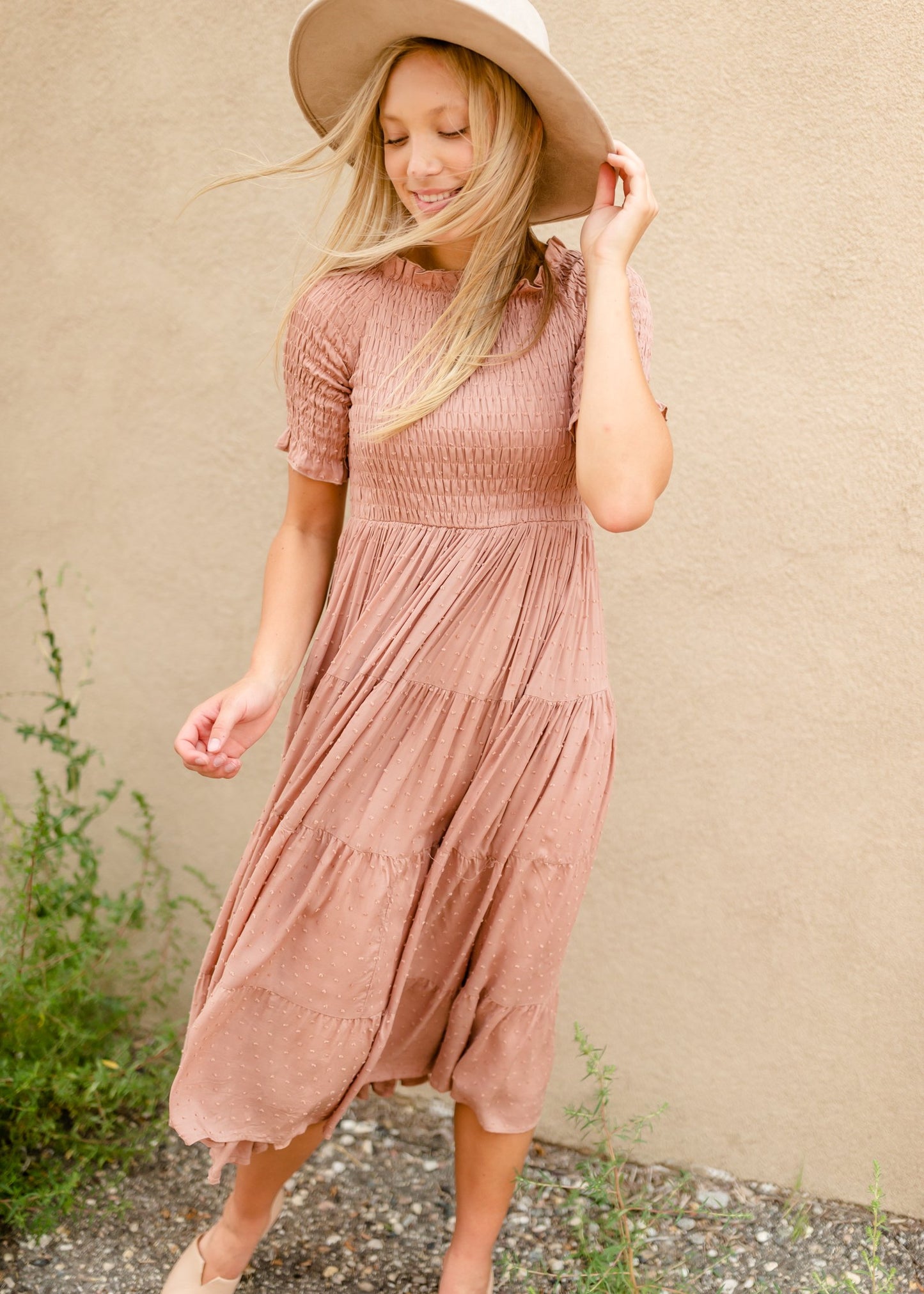 Mauve Swiss Dot Smocked Midi Dress Dresses Inherit