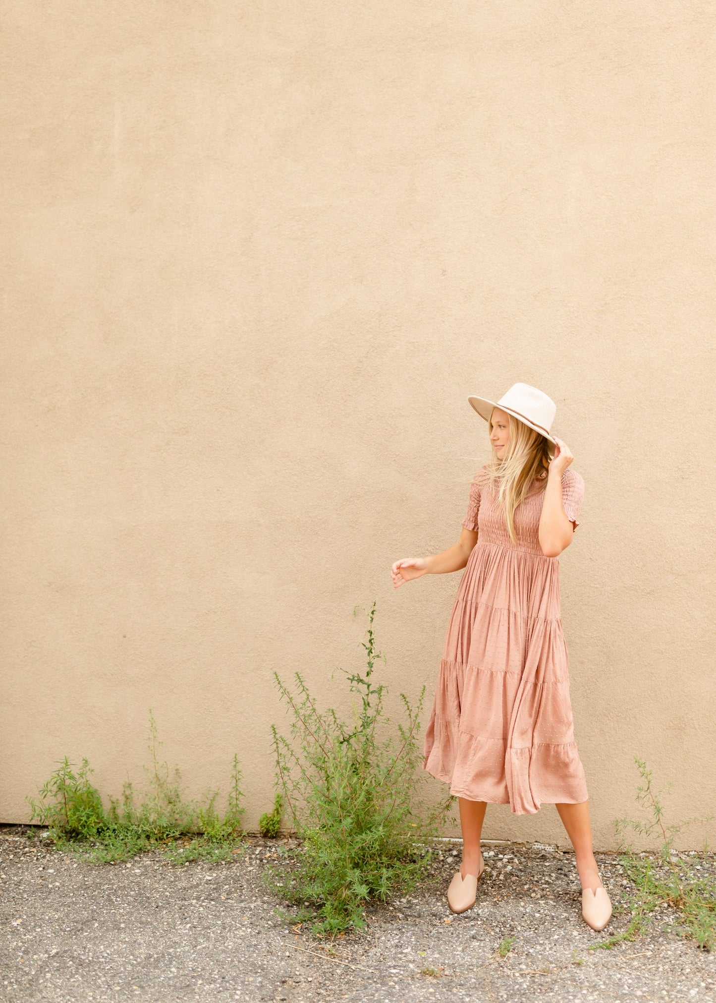 Mauve Swiss Dot Smocked Midi Dress Dresses Inherit