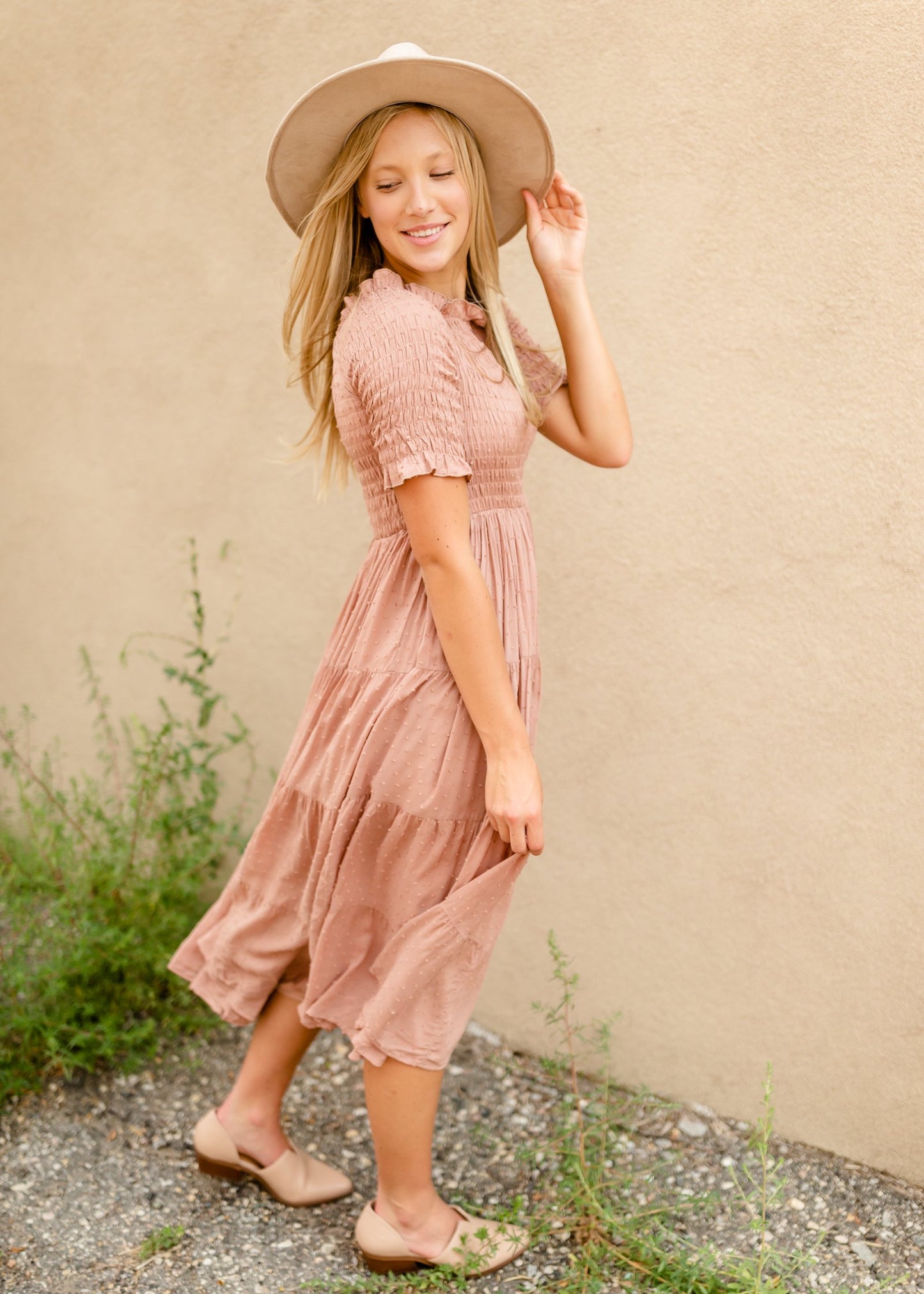 Mauve Swiss Dot Smocked Midi Dress Dresses Inherit