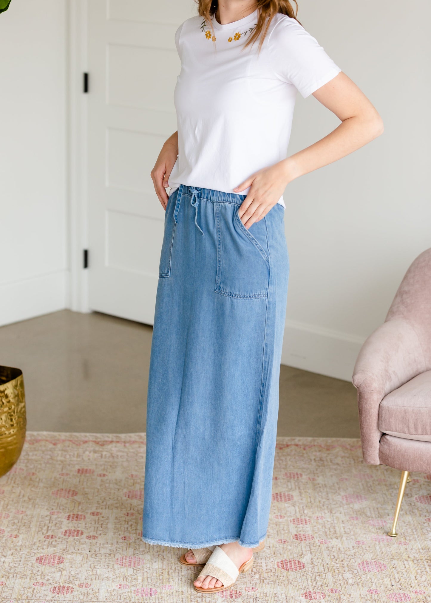 Meadow Drawstring Waist Chambray Long Denim Jean Skirt - FINAL SALE Skirts