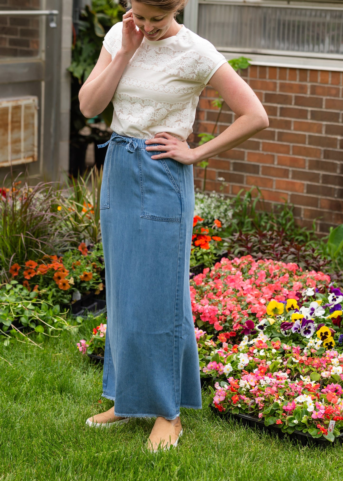 Meadow Drawstring Waist Chambray Long Denim Jean Skirt - FINAL SALE Skirts