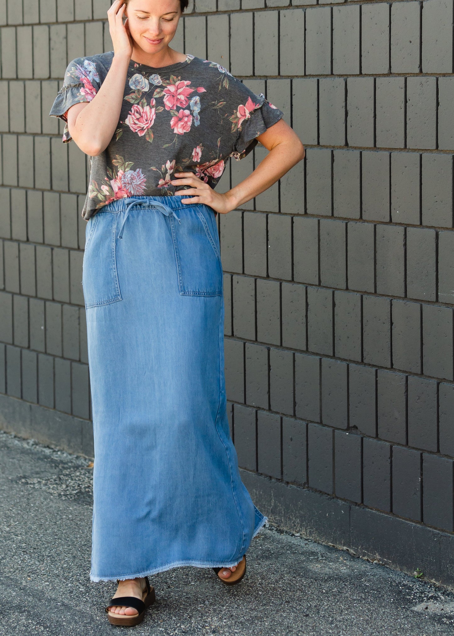 Meadow Drawstring Waist Chambray Long Denim Jean Skirt - FINAL SALE Skirts