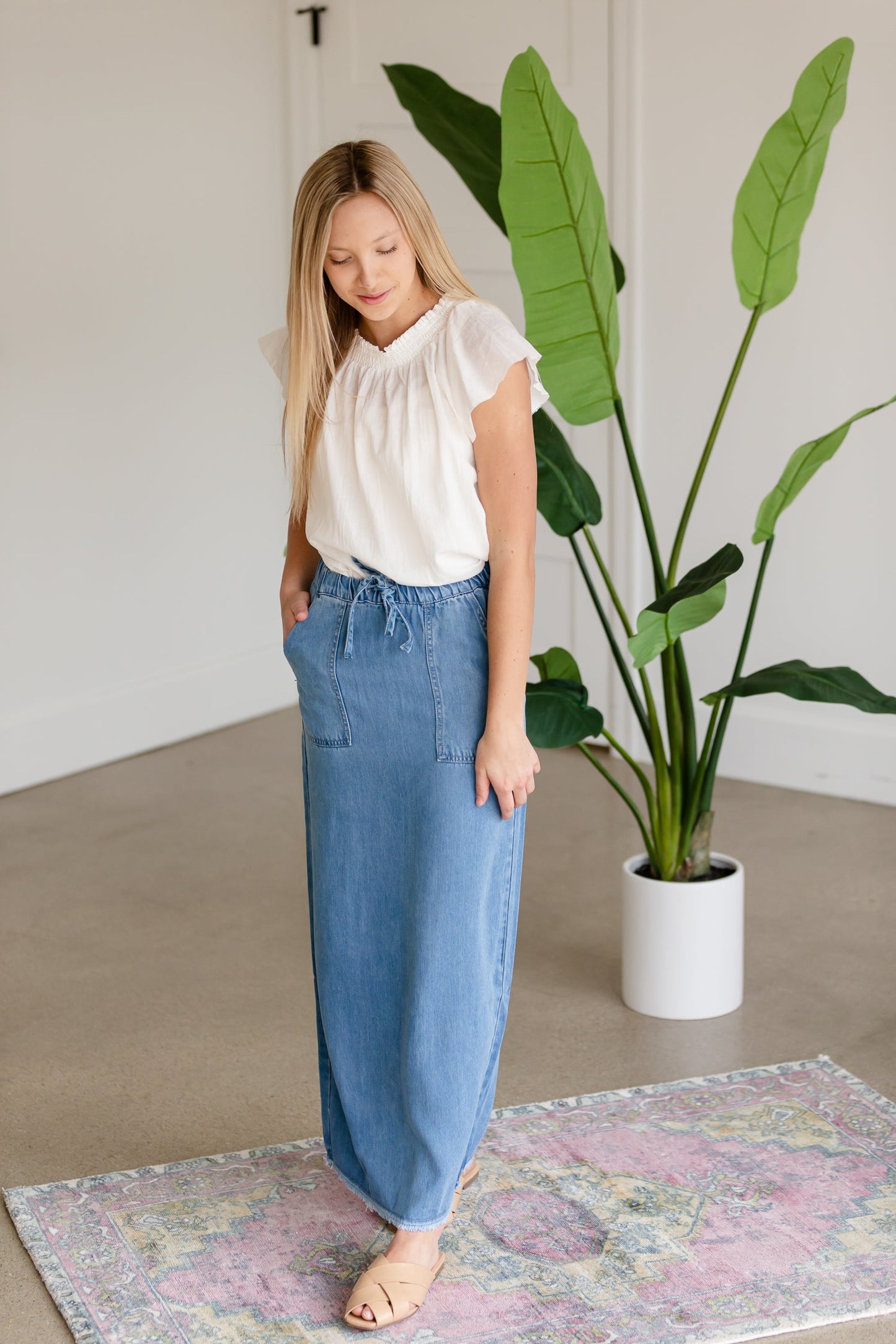 Meadow Drawstring Waist Chambray Long Denim Jean Skirt - FINAL SALE Skirts