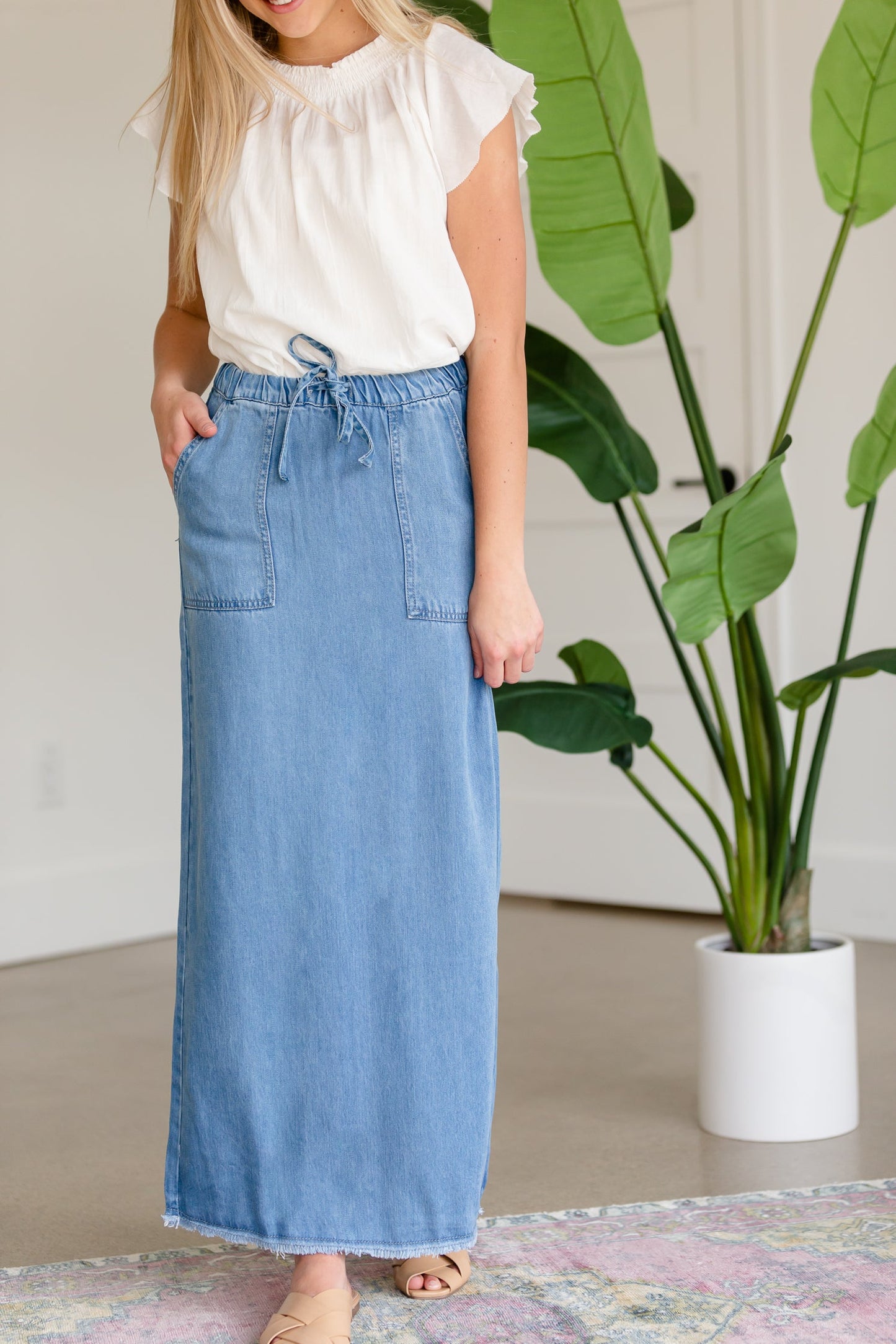 Meadow Drawstring Waist Chambray Long Denim Jean Skirt - FINAL SALE Skirts