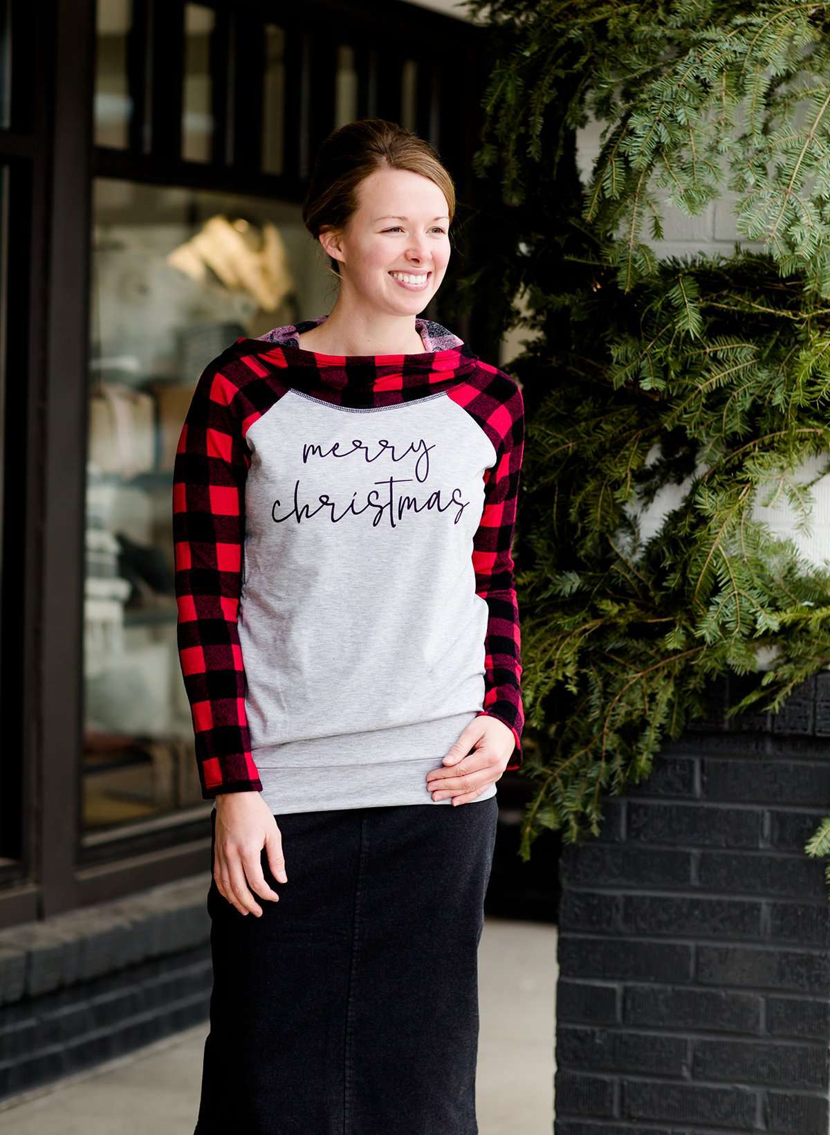 Merry Christmas Plaid Hoodie in red and black