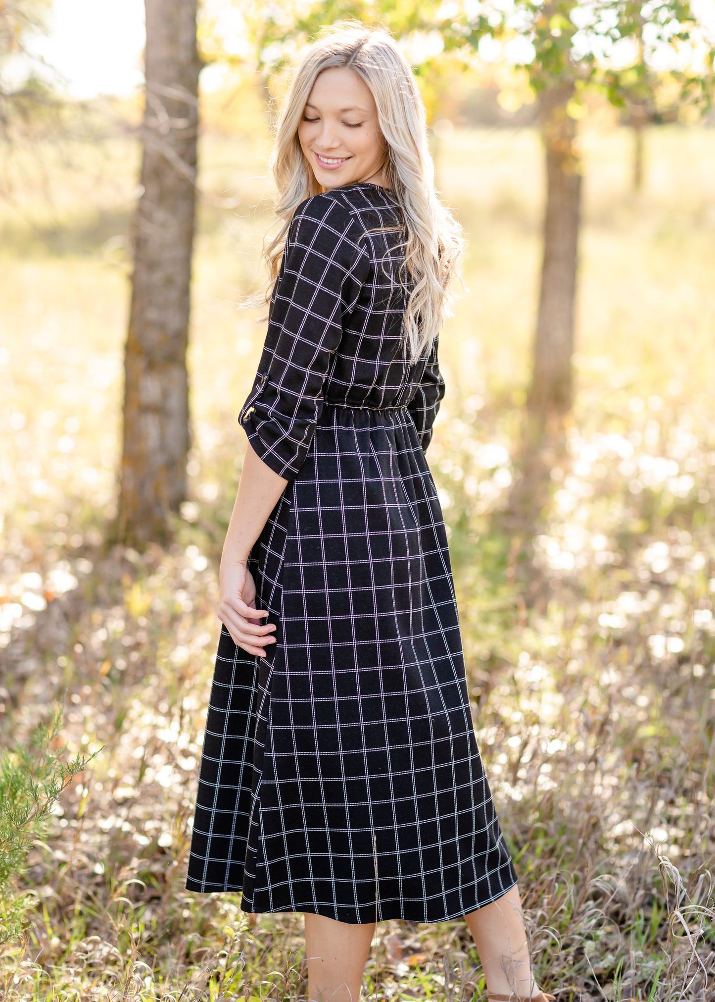 Monica Black Windowpane Midi Dress Dresses Inherit