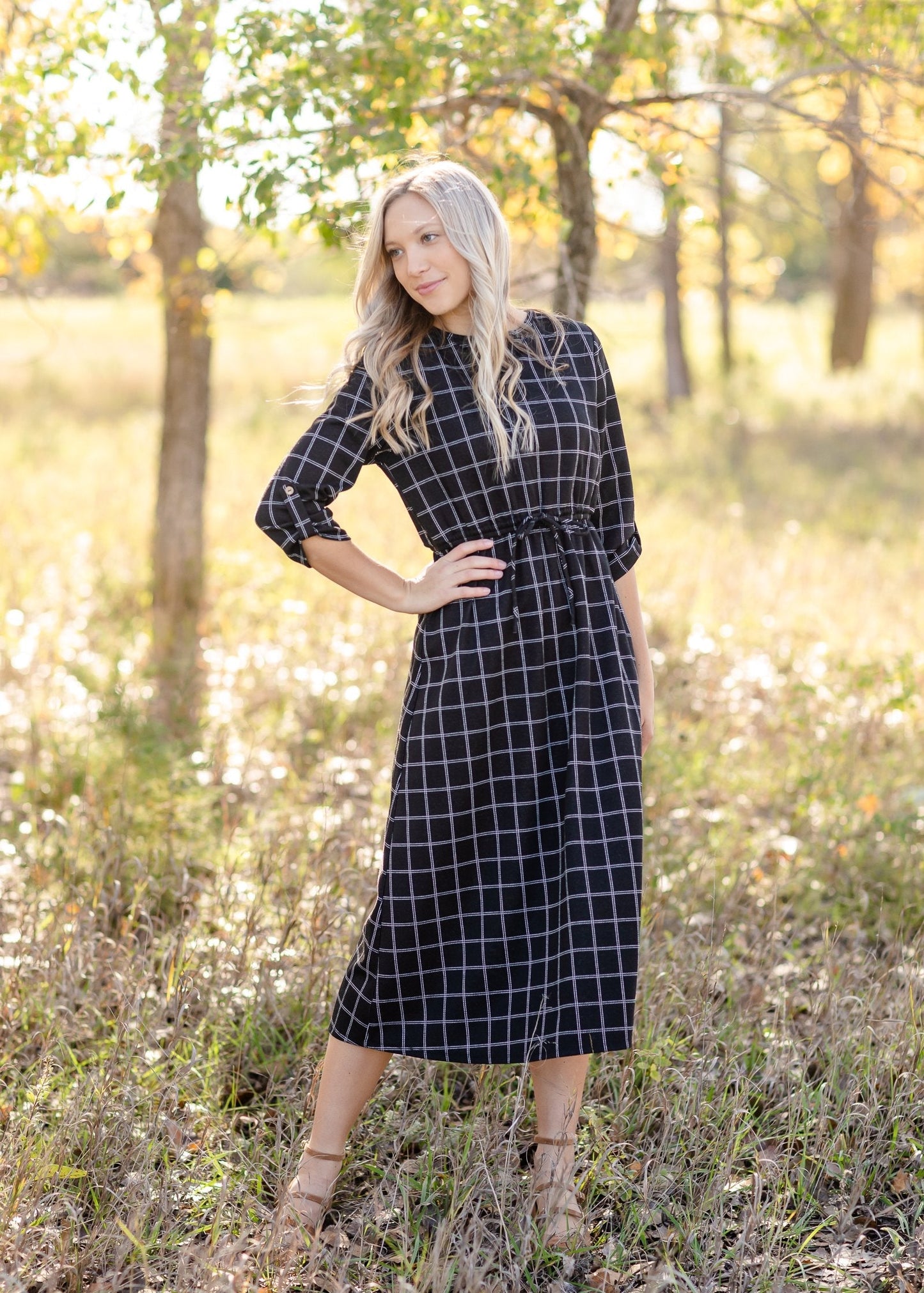 Monica Black Windowpane Midi Dress Dresses Inherit