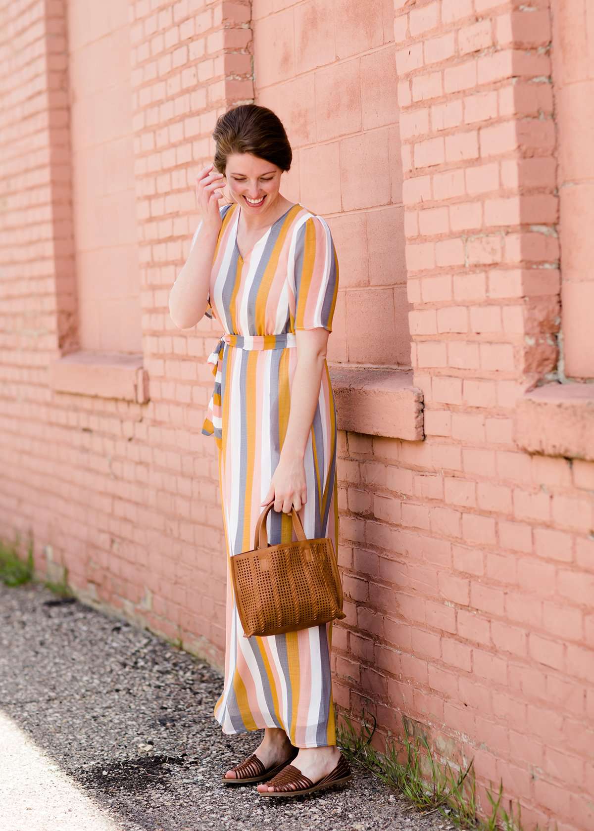 women's modest multi stripe blush, yellow, blue and white stripe maxi dress