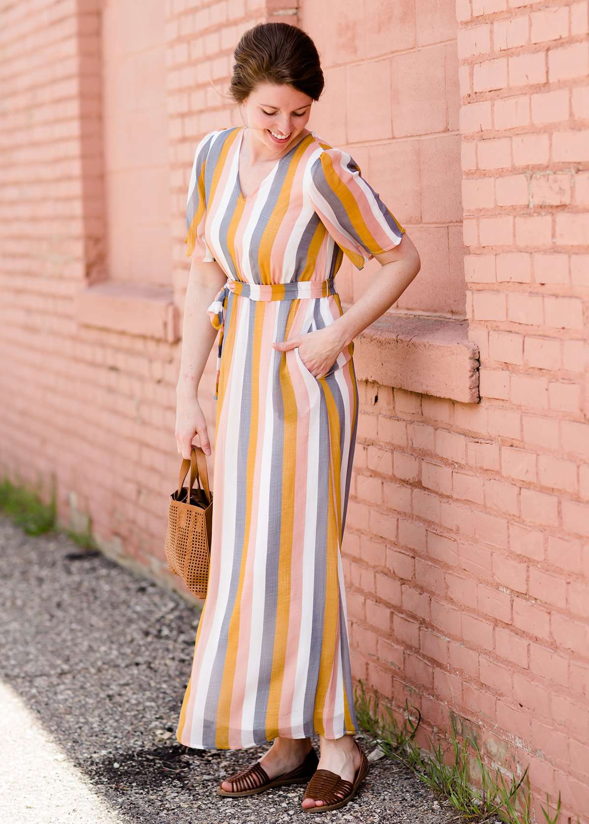 women's modest multi stripe blush, yellow, blue and white stripe maxi dress
