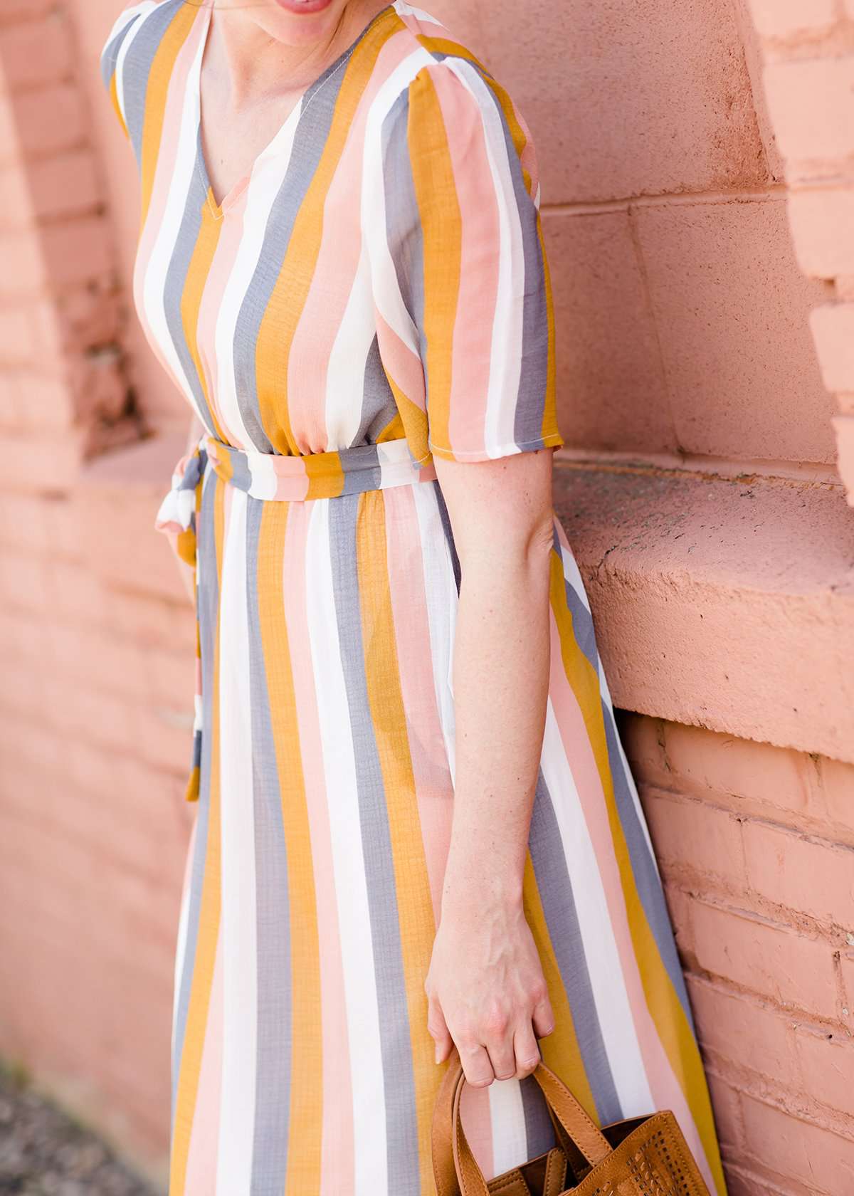 women's modest multi stripe blush, yellow, blue and white stripe maxi dress