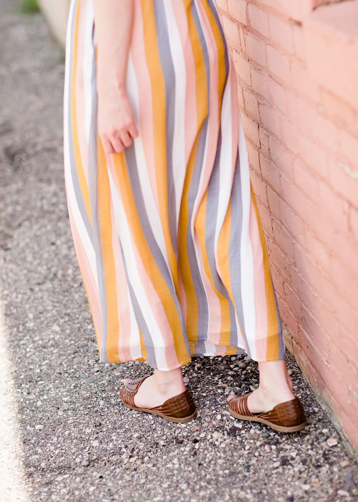 women's modest multi stripe blush, yellow, blue and white stripe maxi dress
