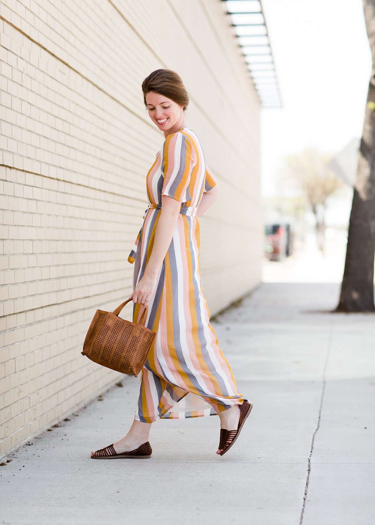 women's modest multi stripe blush, yellow, blue and white stripe maxi dress