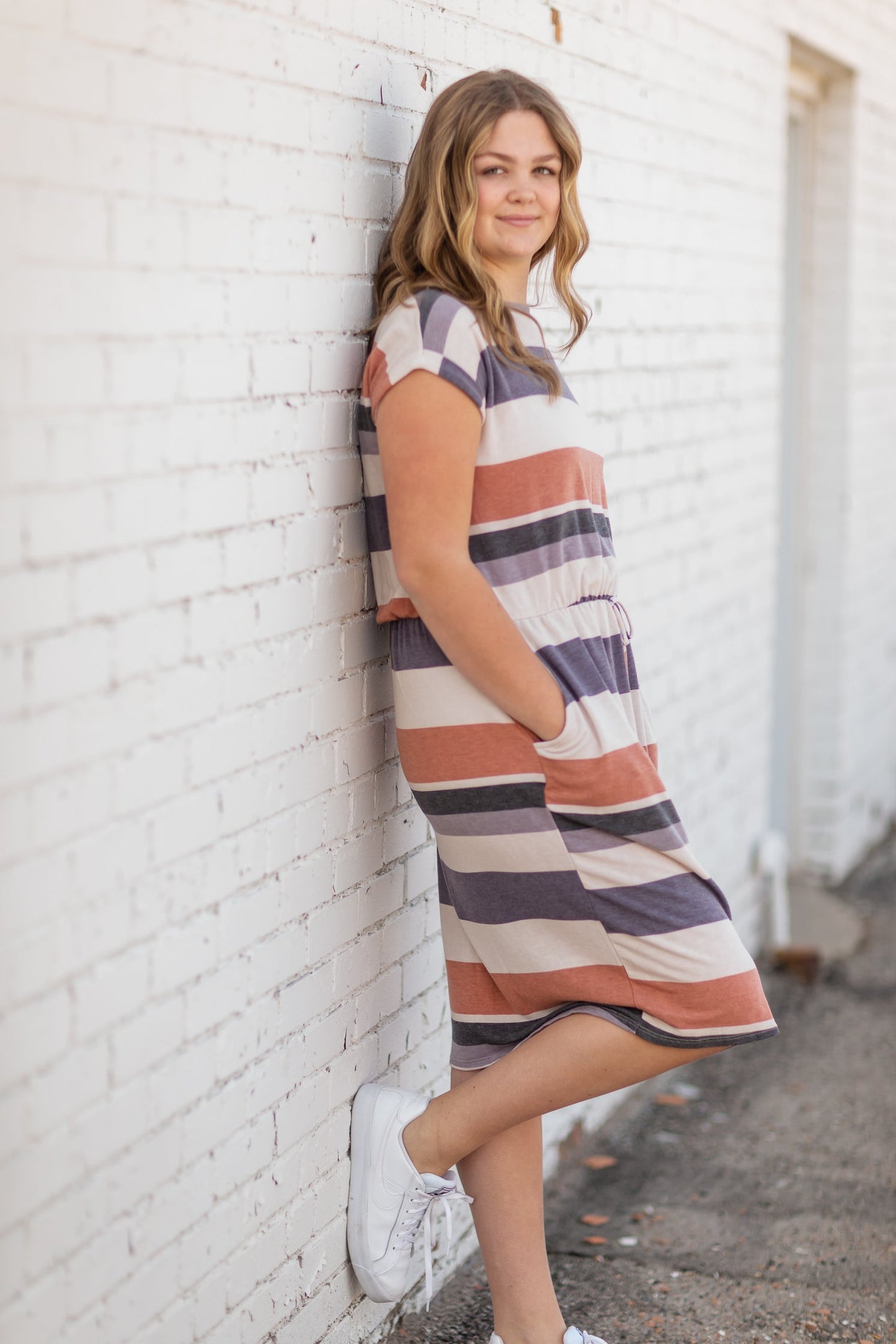 Multi Stripe Tie Waist Midi Dress Dresses