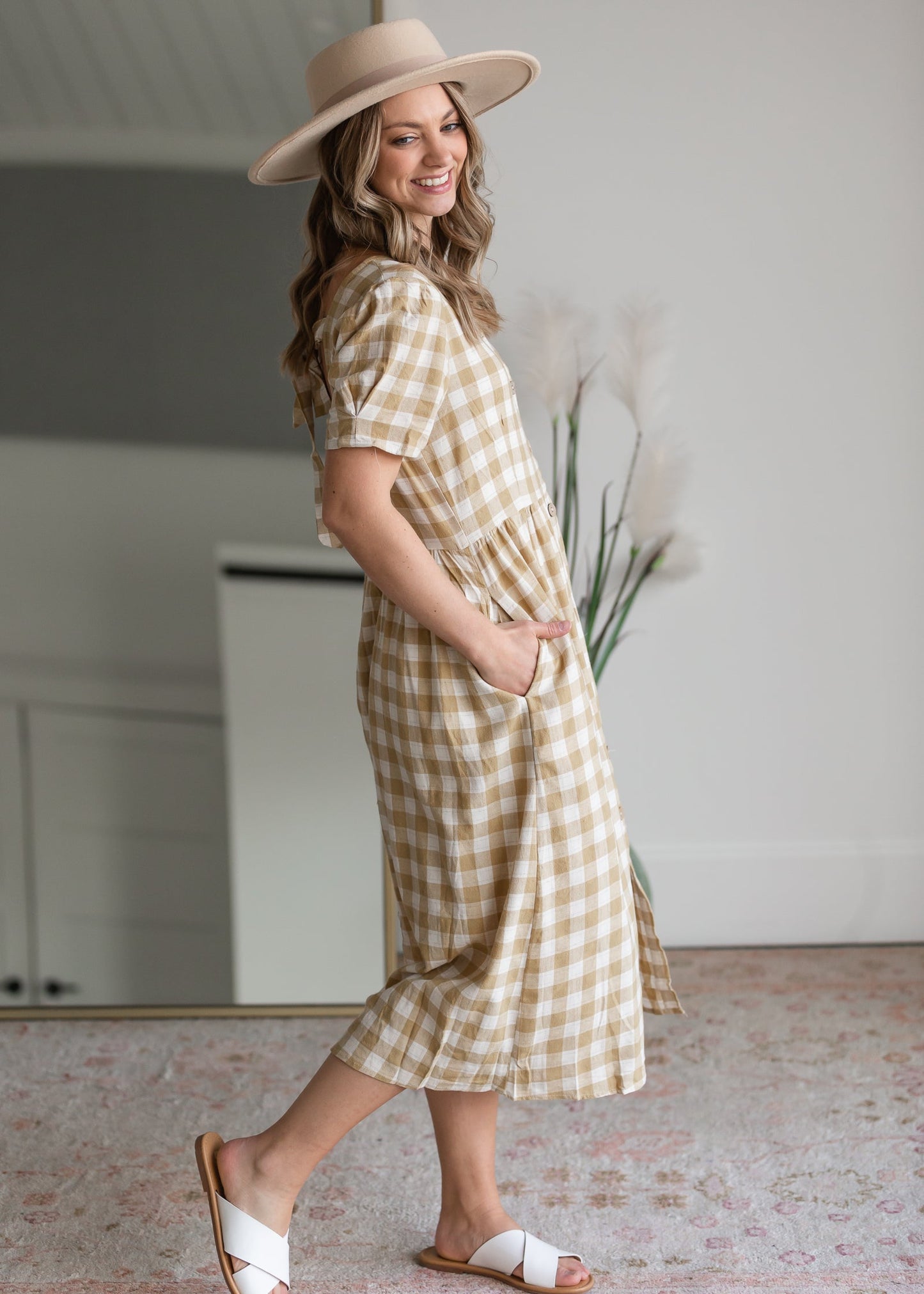 Mustard Gingham Midi Dress Dresses Hayden