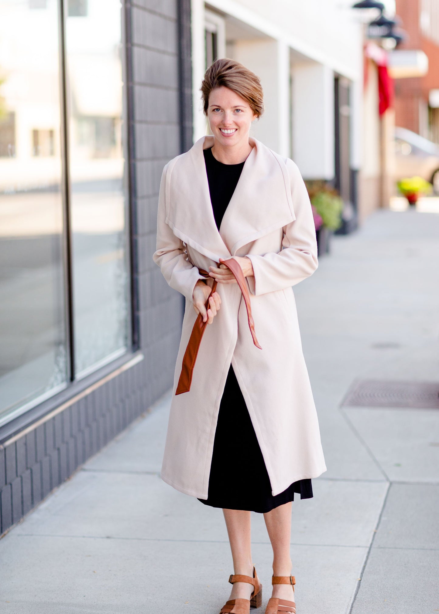 Natural Draped Neck Belted Coat Tops Hem & Thread