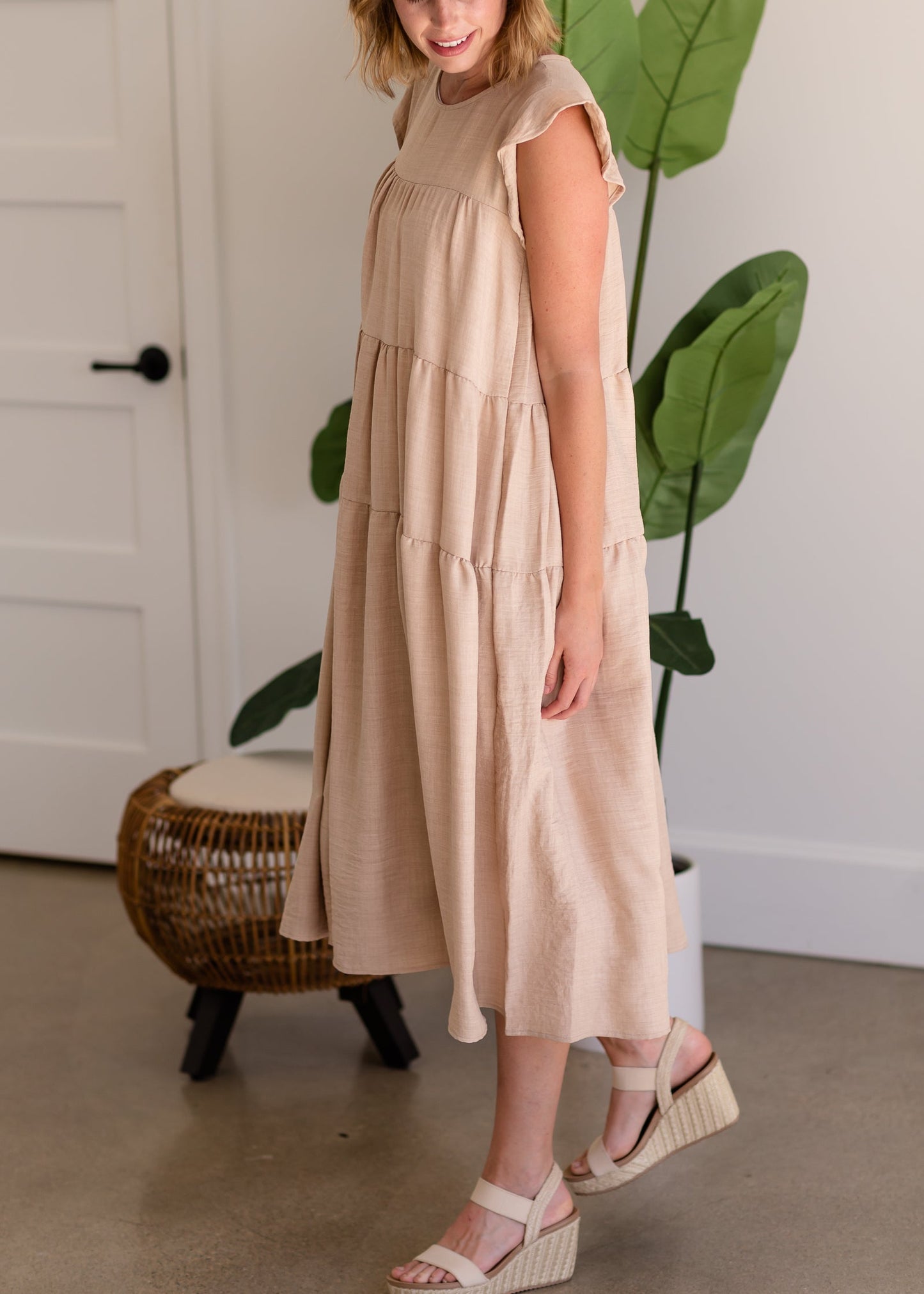 Natural Linen Textured Ruffle Midi Dress - FINAL SALE Dresses
