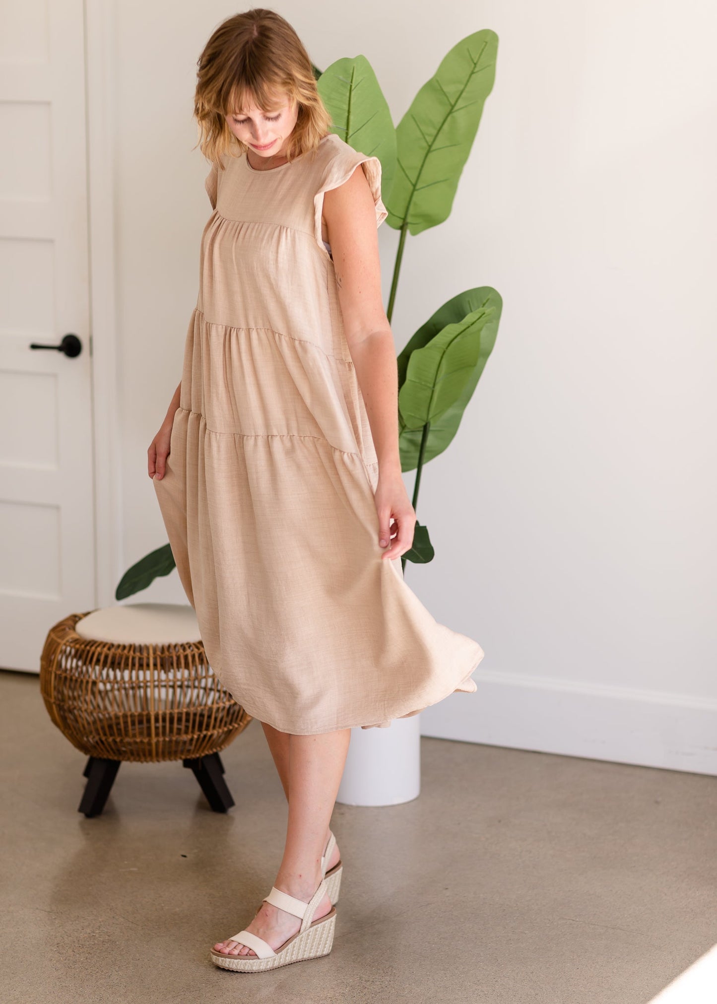 Natural Linen Textured Ruffle Midi Dress - FINAL SALE Dresses