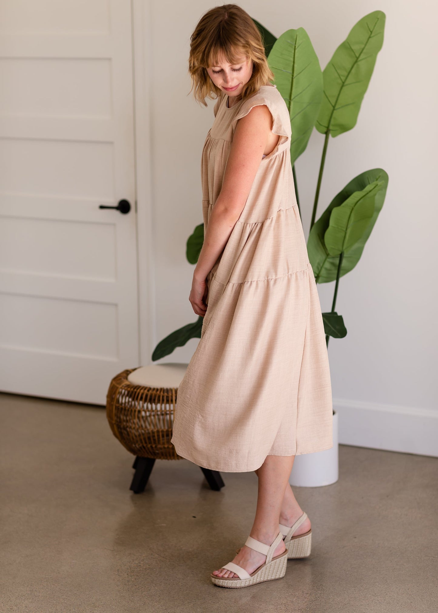 Natural Linen Textured Ruffle Midi Dress - FINAL SALE Dresses