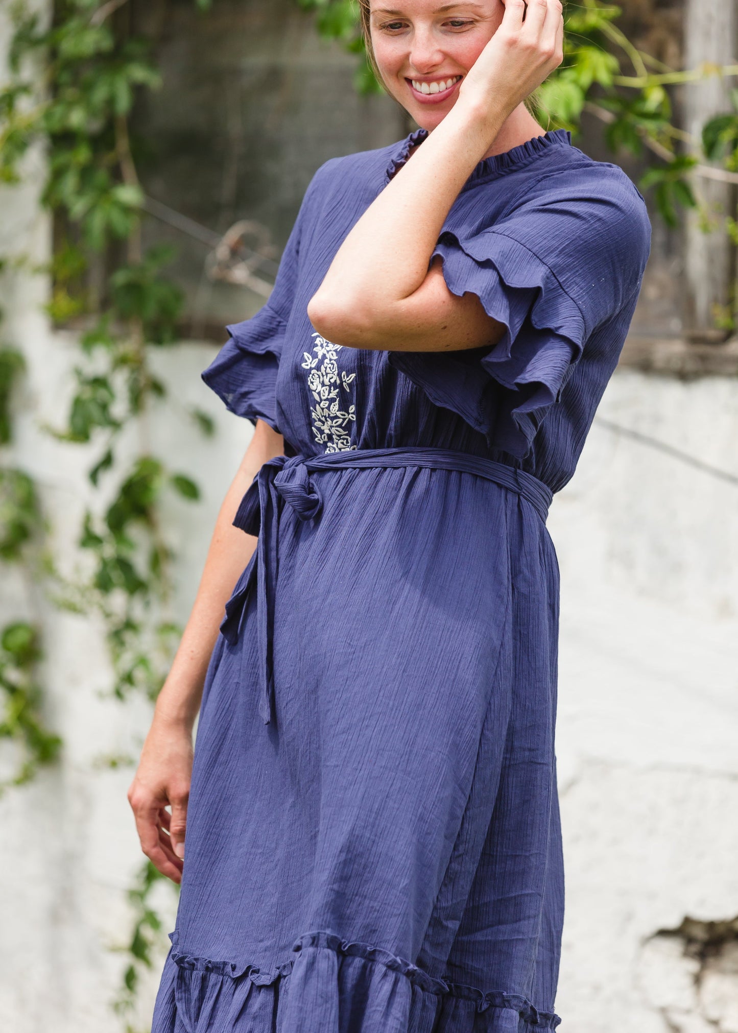 Navy Blue Ruffle Sleeve + Neck Embroidered Midi Dress - FINAL SALE Dresses