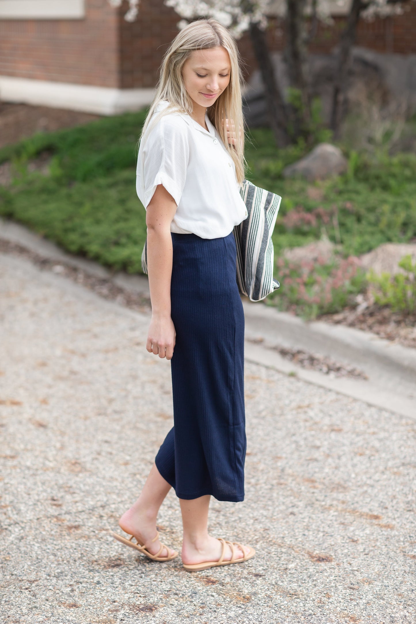 Navy Fallon Rib Midi Skirt Skirts