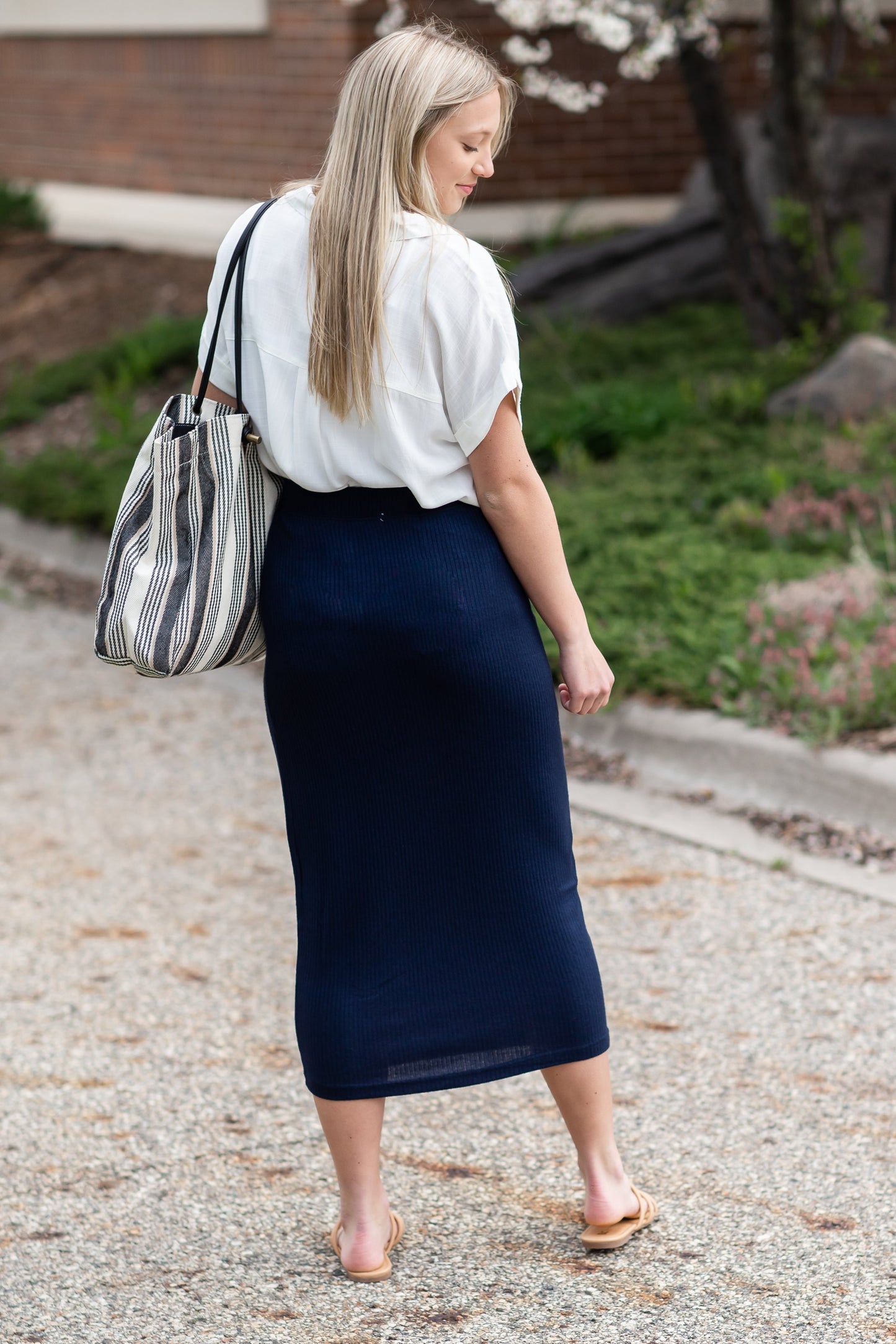 Navy Fallon Rib Midi Skirt Skirts