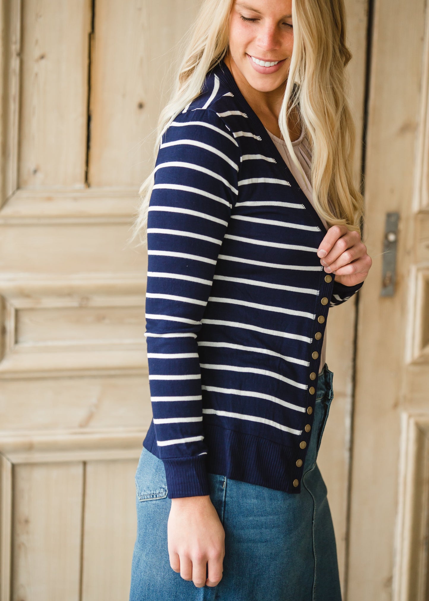 Navy Striped Snap Button Cardigan - FINAL SALE Tops