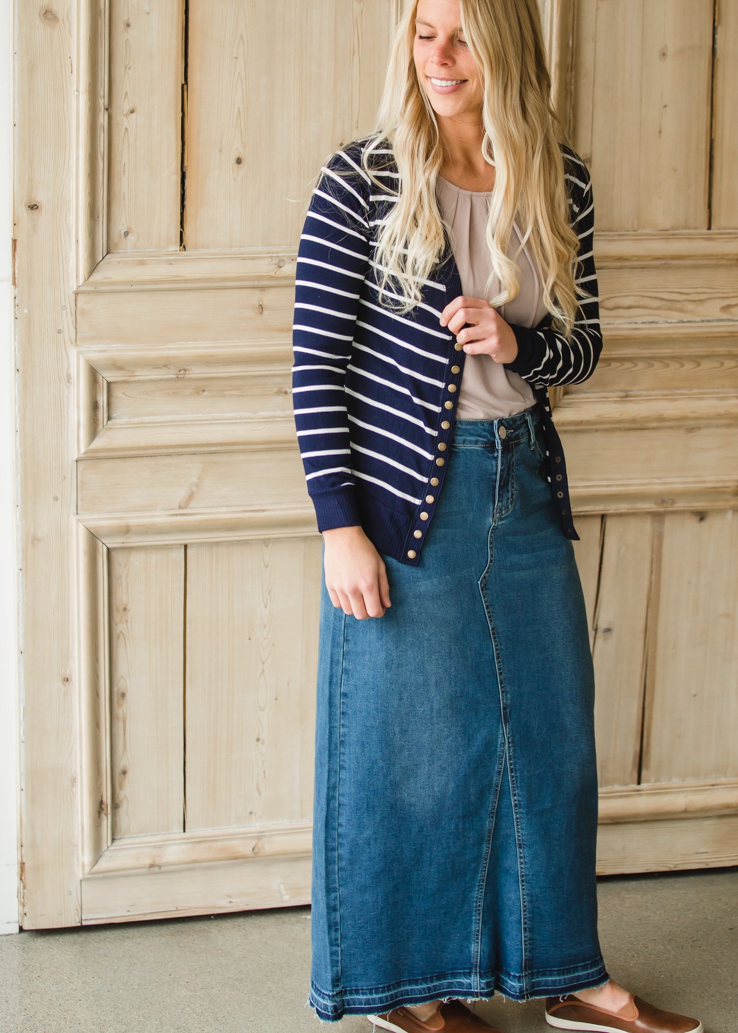 Navy Striped Snap Button Cardigan - FINAL SALE Tops