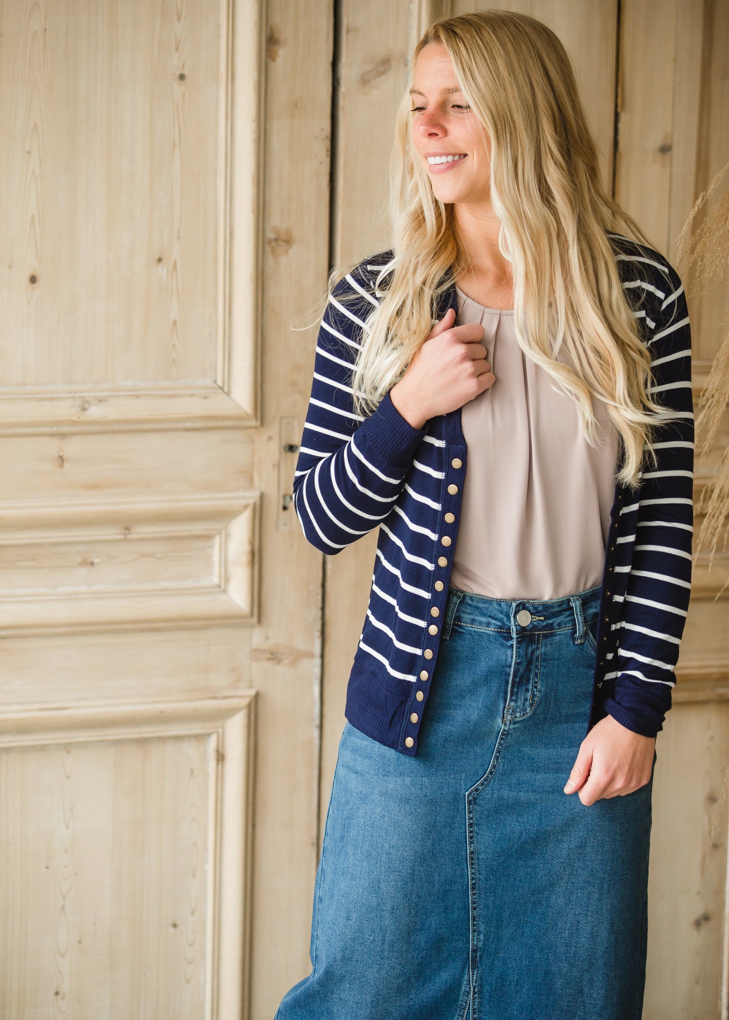 Navy Striped Snap Button Cardigan - FINAL SALE Tops