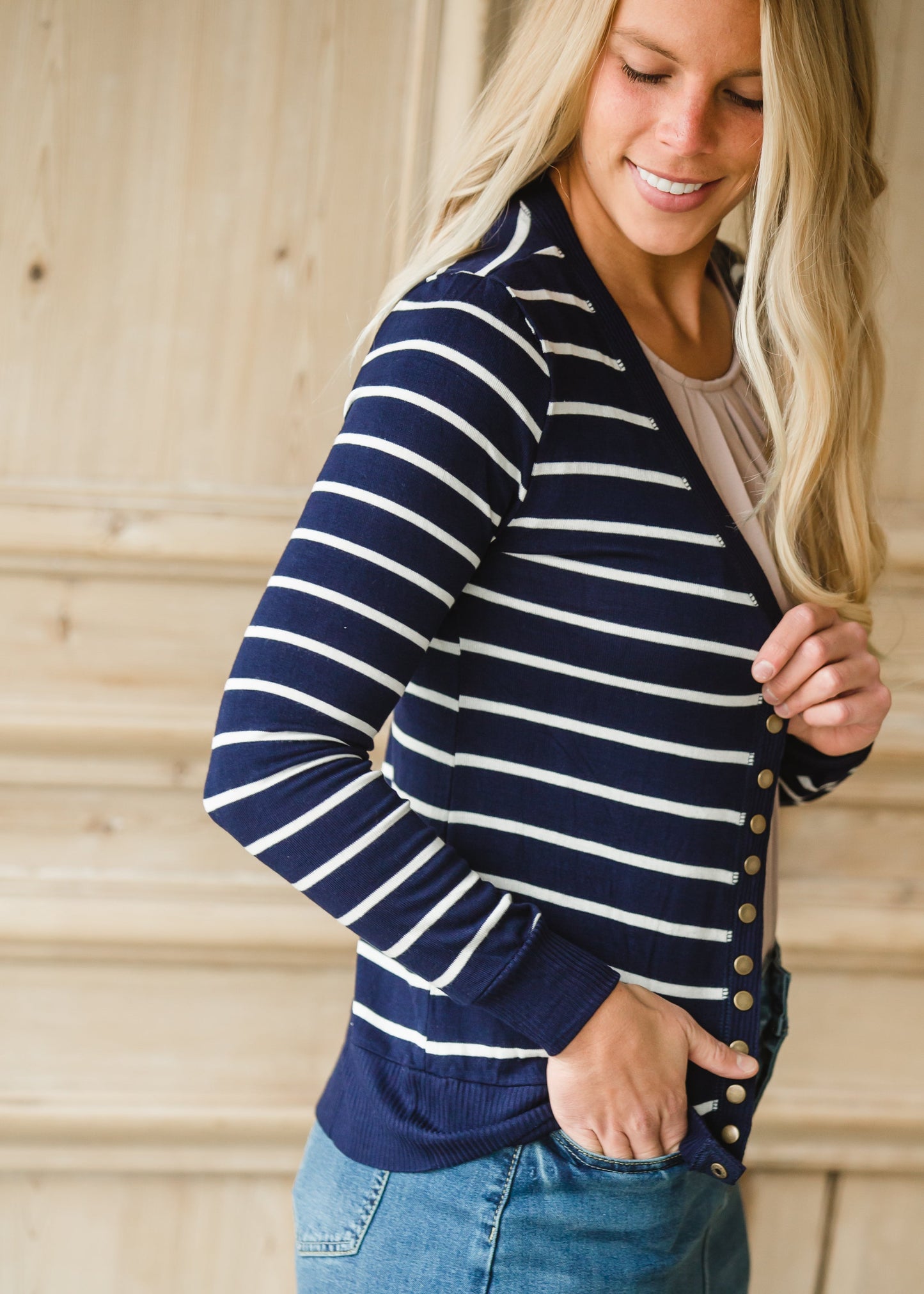 Navy Striped Snap Button Cardigan - FINAL SALE Tops