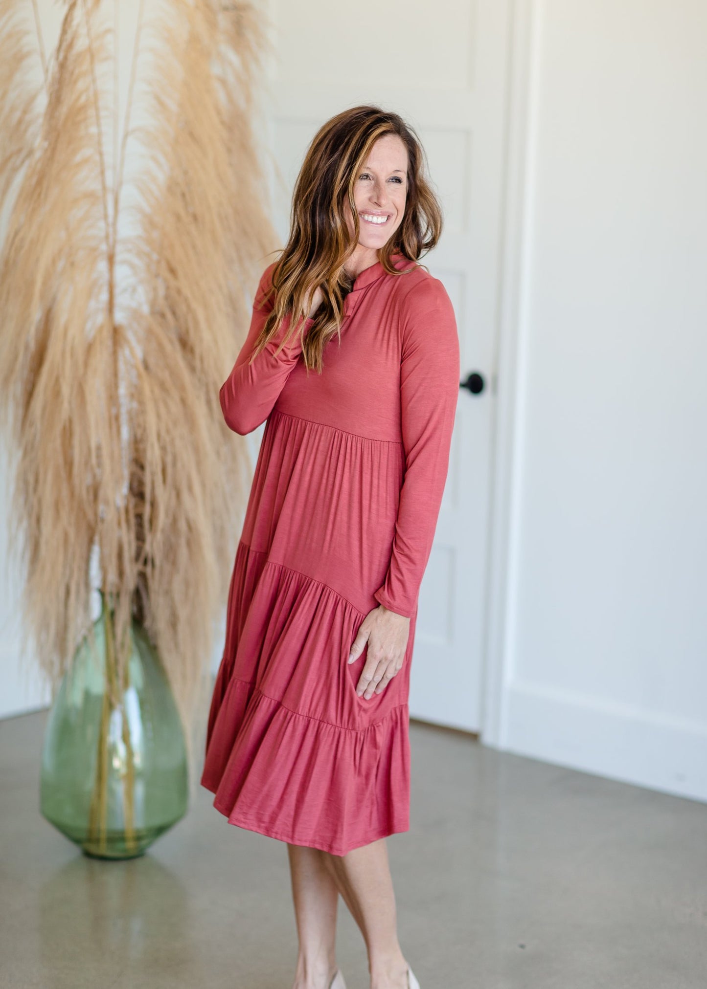 Notch V-Neck Long Sleeve Tiered Midi Dress Dresses Beeson River