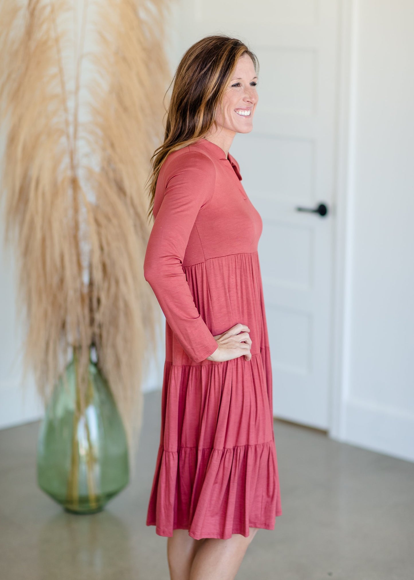 Notch V-Neck Long Sleeve Tiered Midi Dress Dresses Beeson River