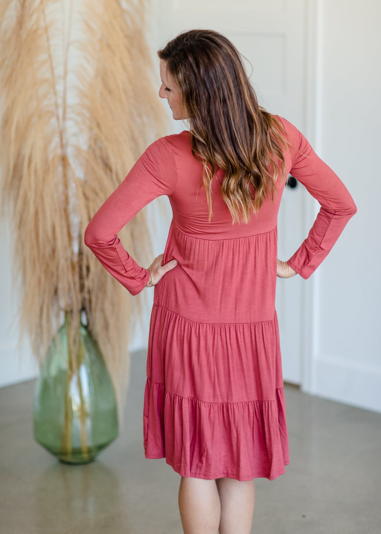 Notch V-Neck Long Sleeve Tiered Midi Dress Dresses Beeson River