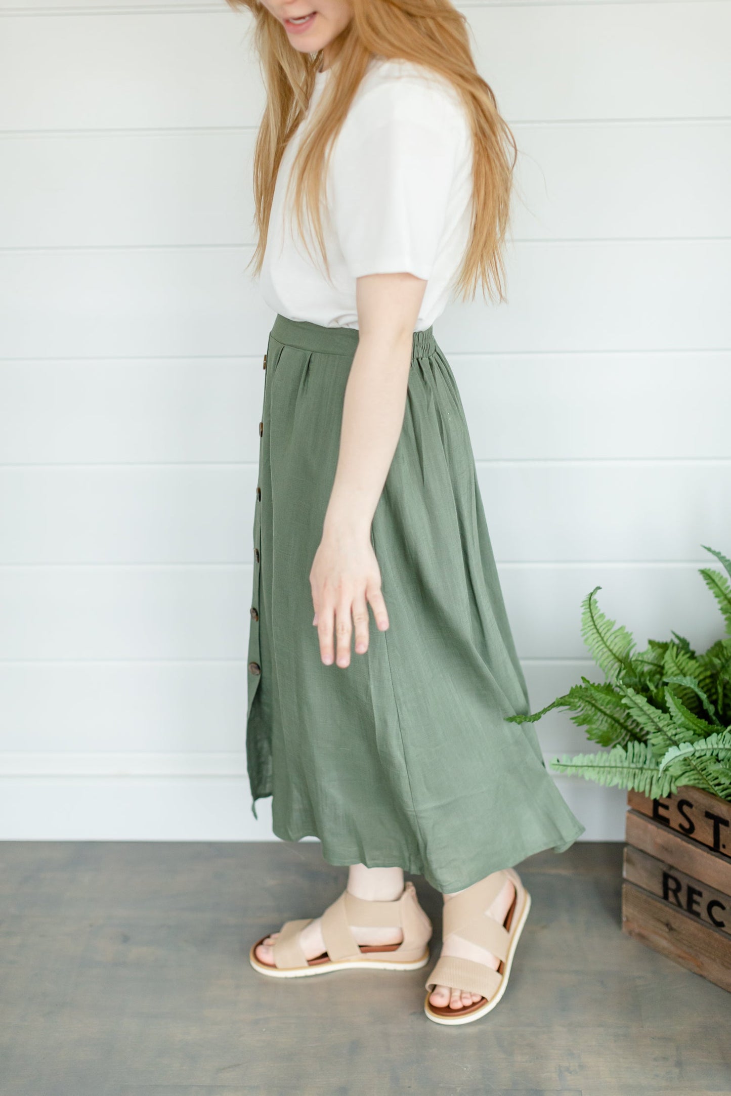 Olive Button Front Midi Skirt Skirts