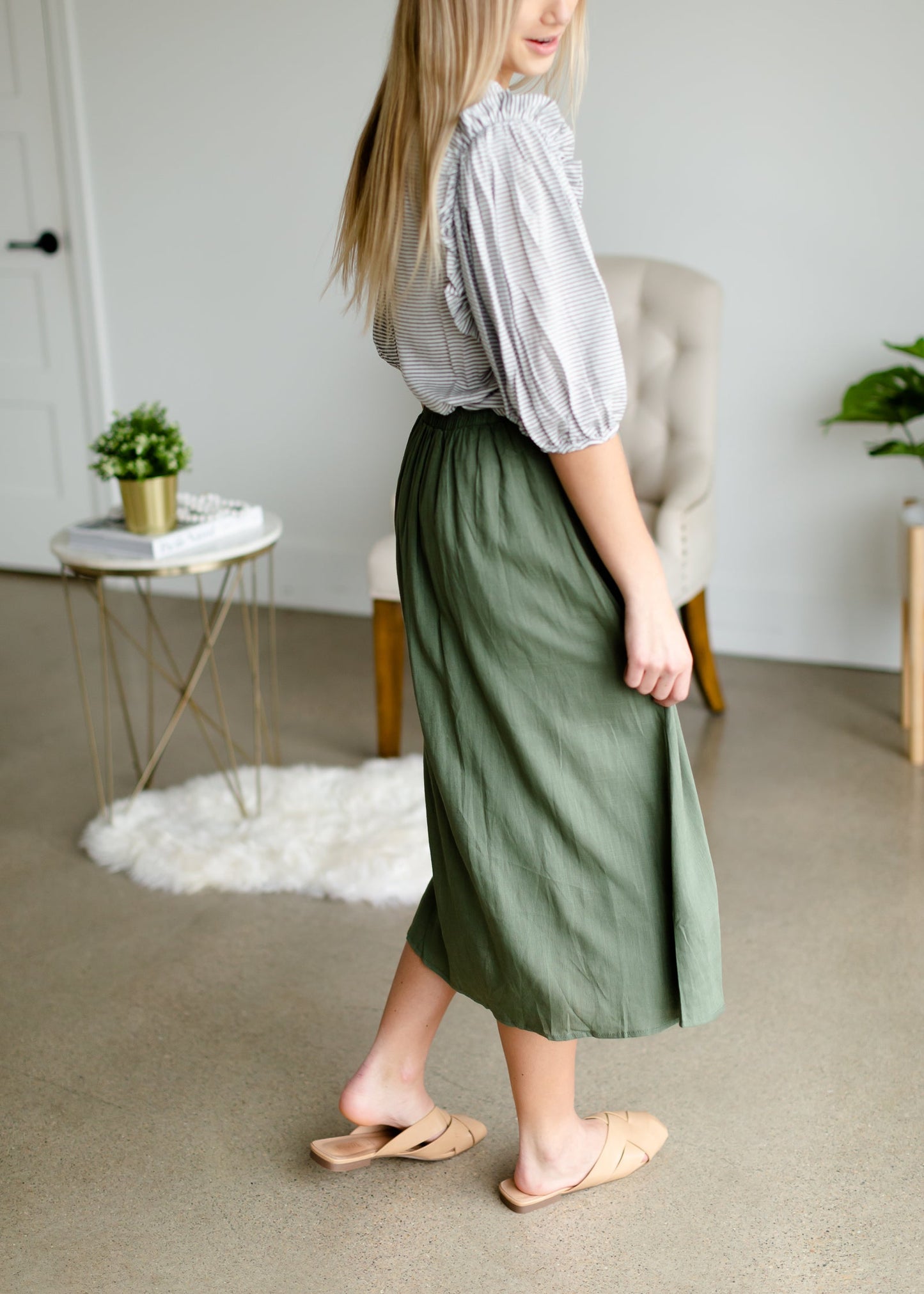 Olive Button Front Midi Skirt Skirts