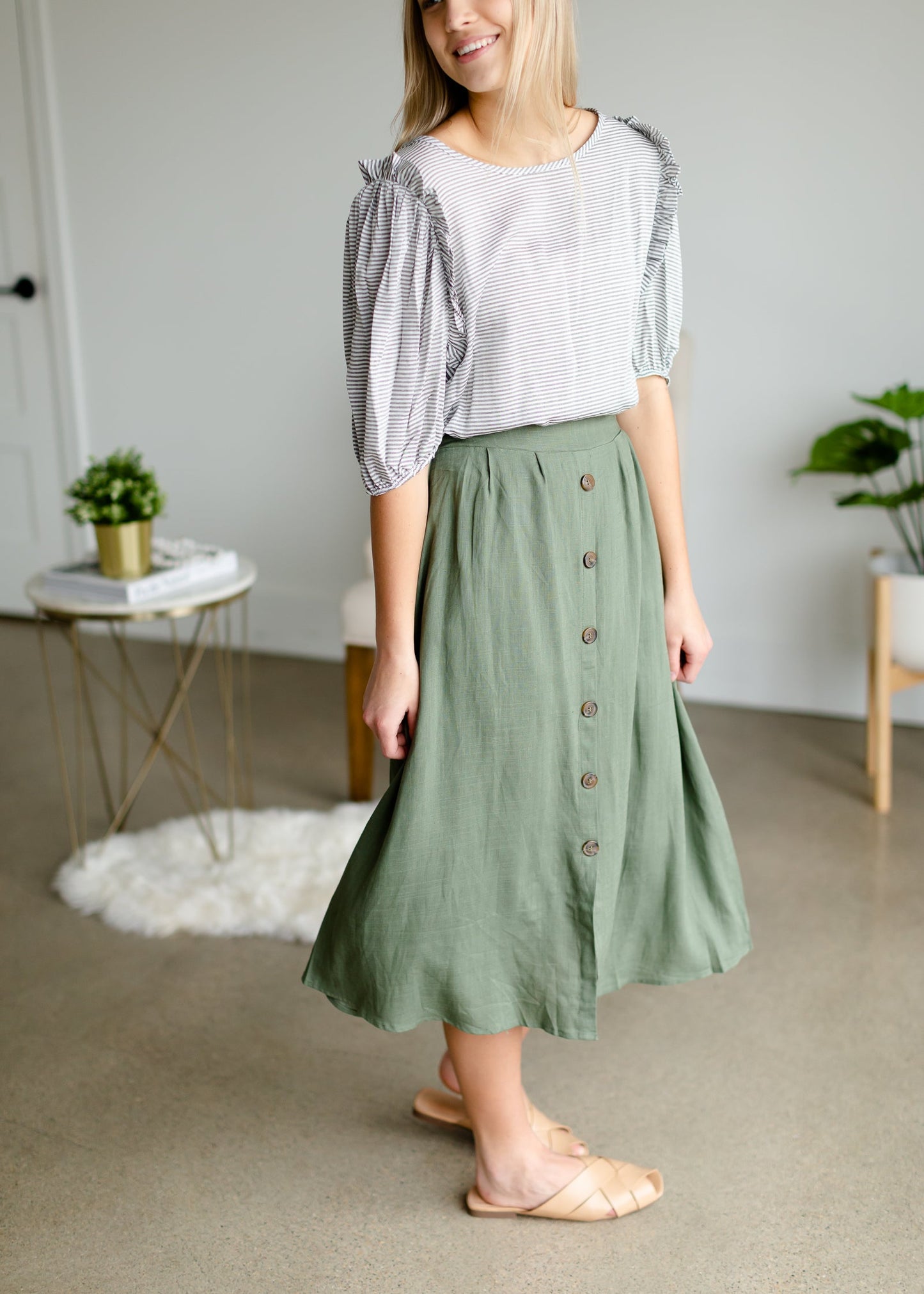Olive Button Front Midi Skirt Skirts