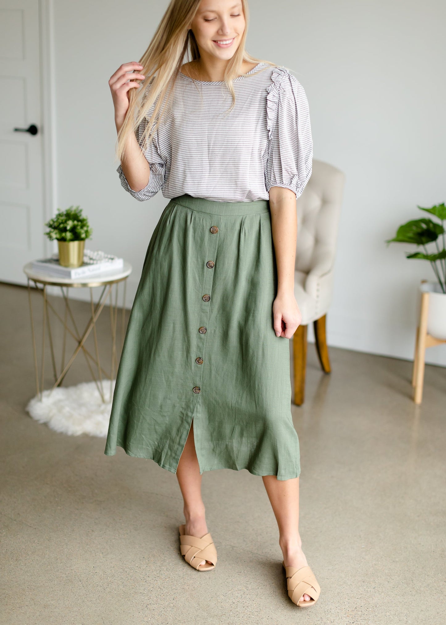 Olive Button Front Midi Skirt Skirts