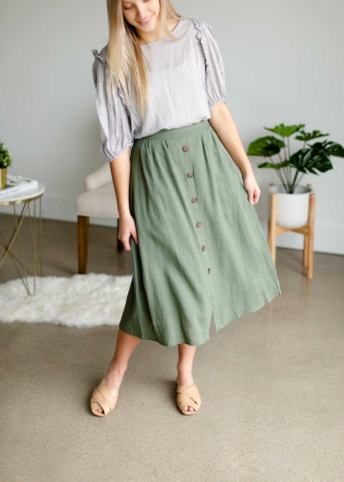Olive Button Front Midi Skirt Skirts