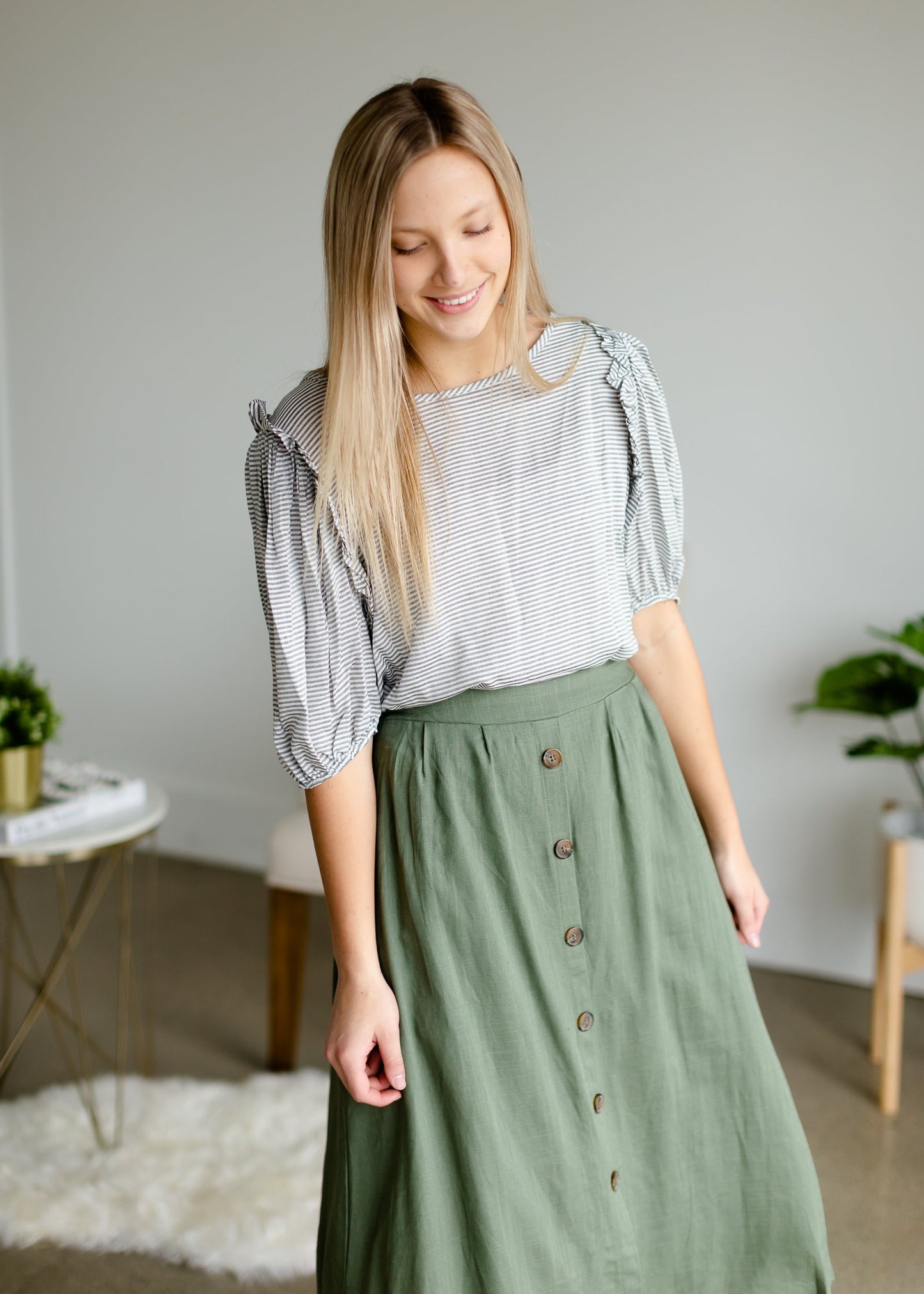 Olive Button Front Midi Skirt Skirts