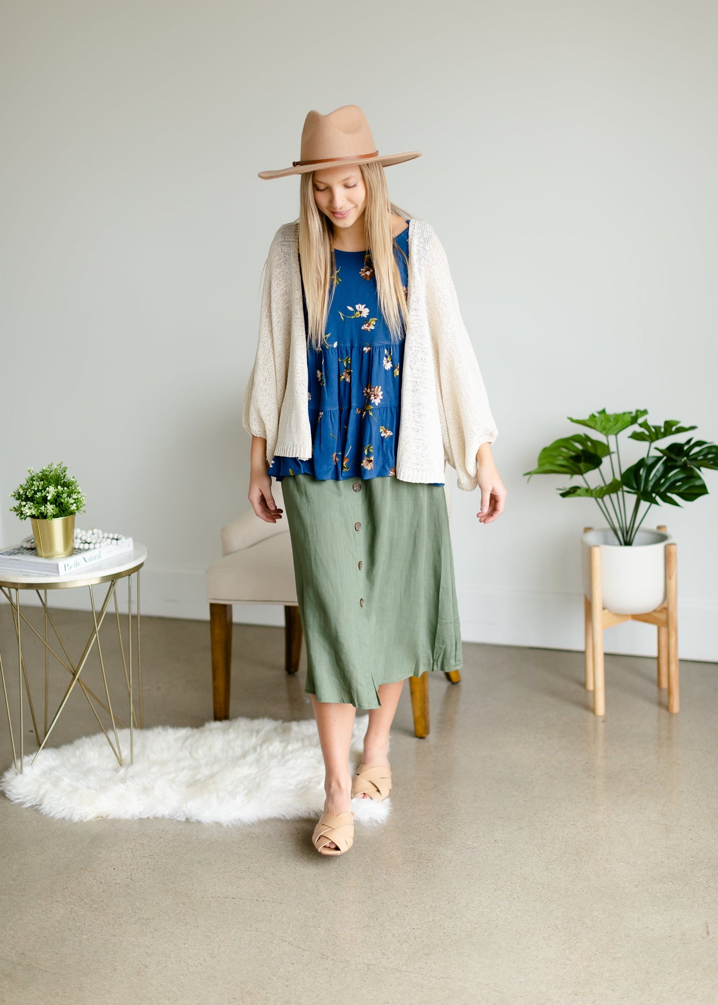 Olive Button Front Midi Skirt Skirts