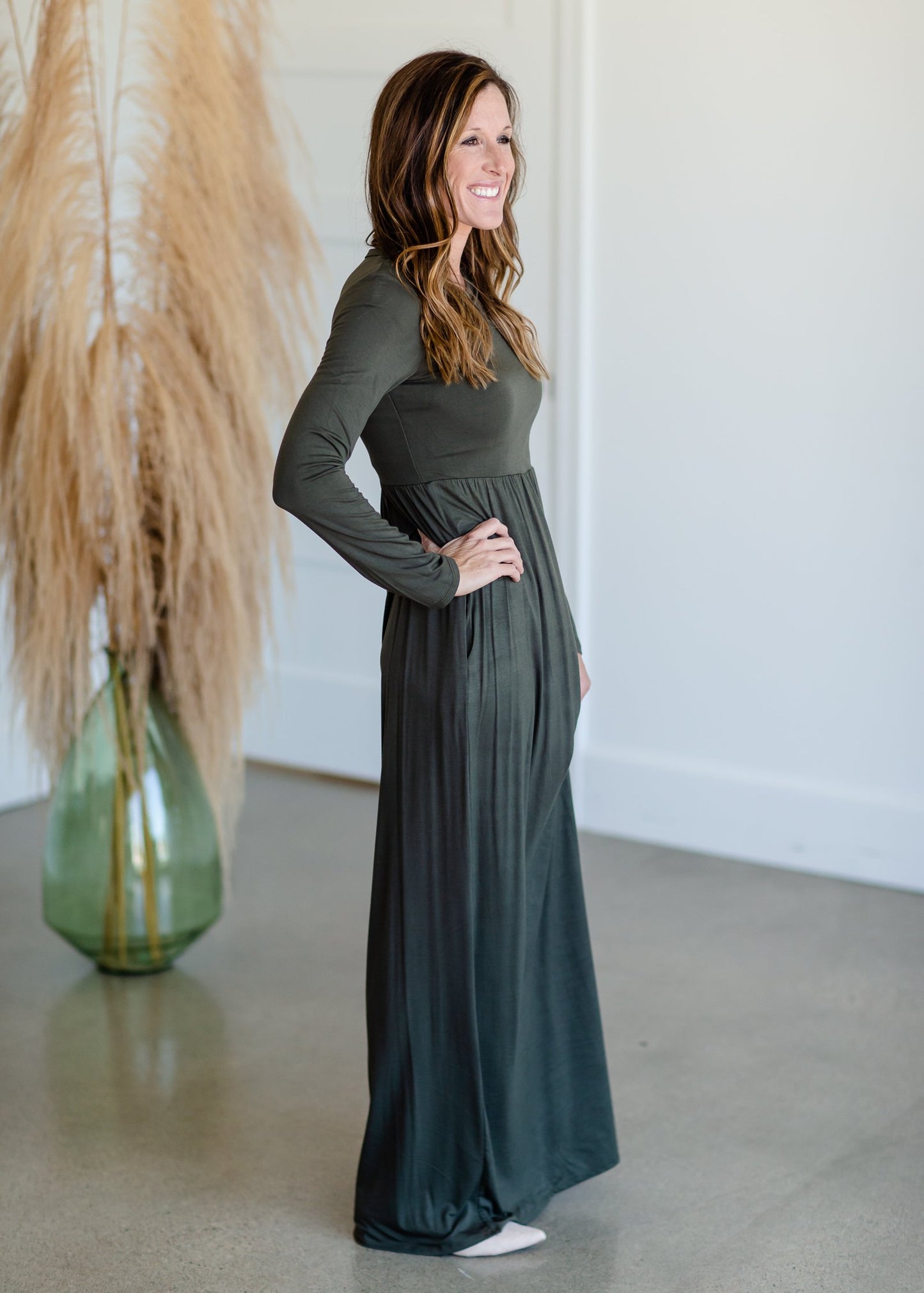 Olive Cinched Waist Long Sleeve Knit Maxi Dress Dresses Beeson River