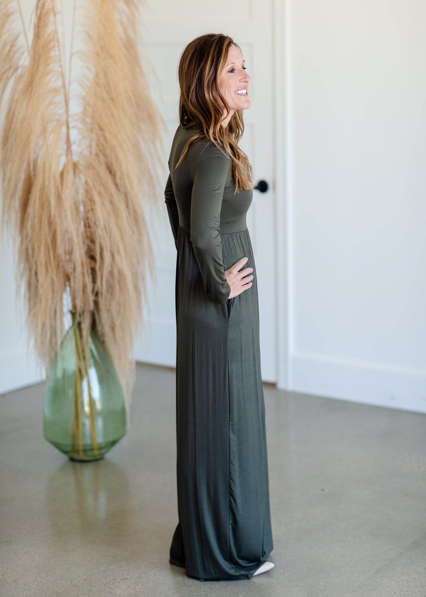 Olive Cinched Waist Long Sleeve Knit Maxi Dress Dresses Beeson River