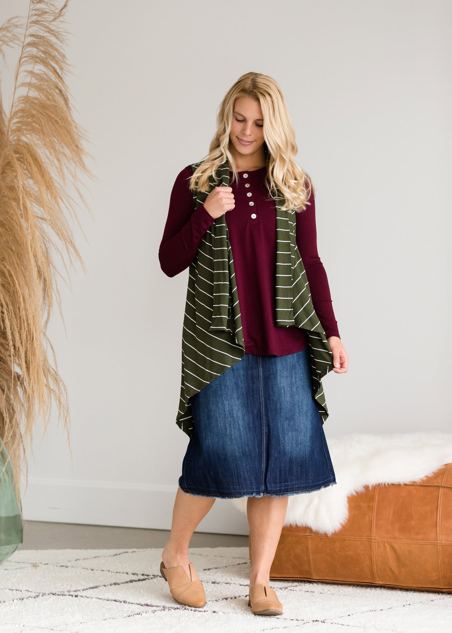 Olive Striped Long Vest - FINAL SALE Tops
