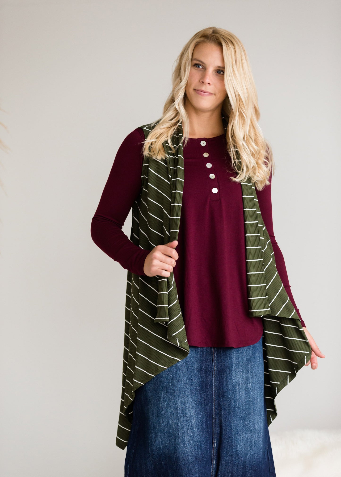 Olive Striped Long Vest - FINAL SALE Tops