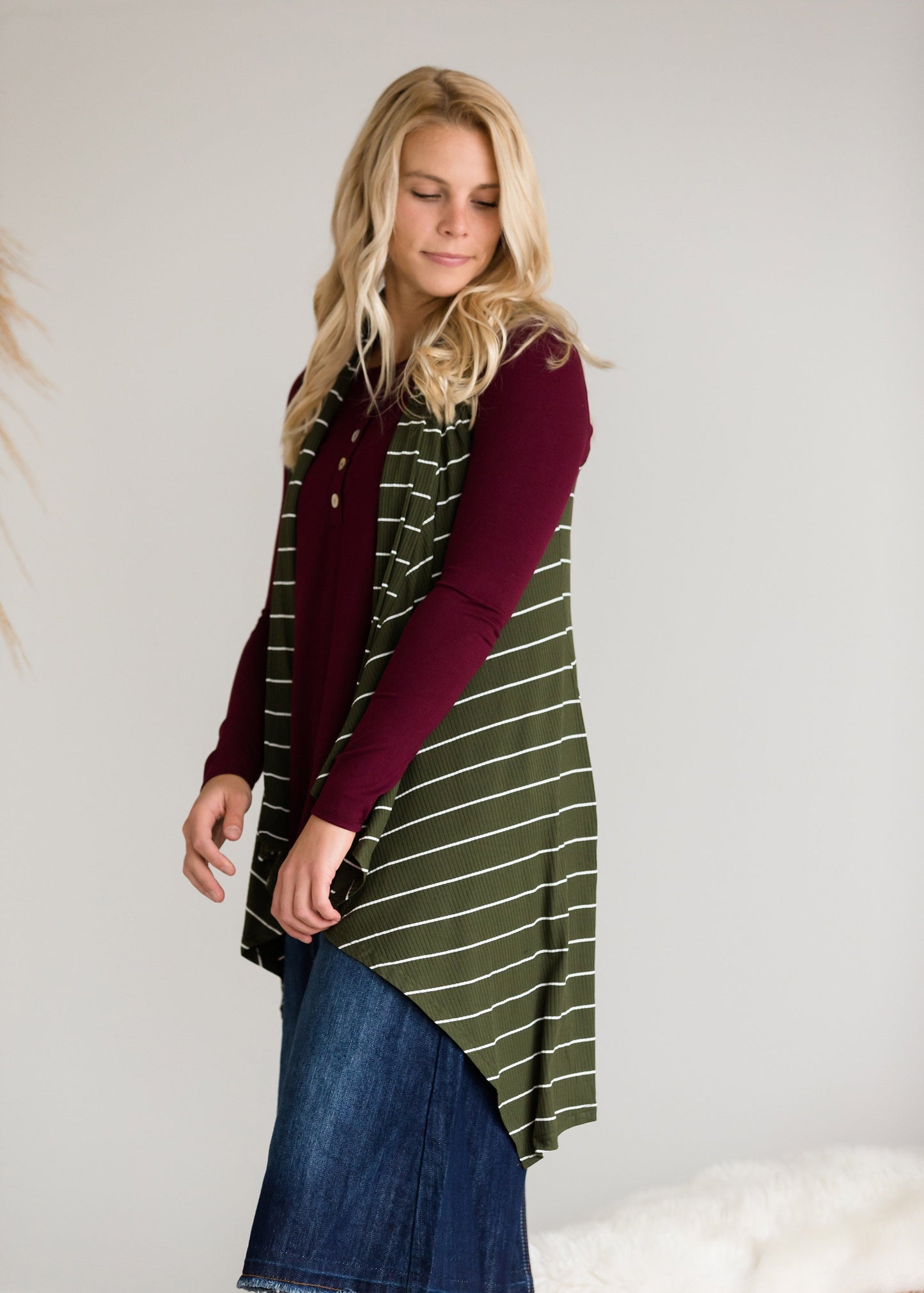 Olive Striped Long Vest - FINAL SALE Tops