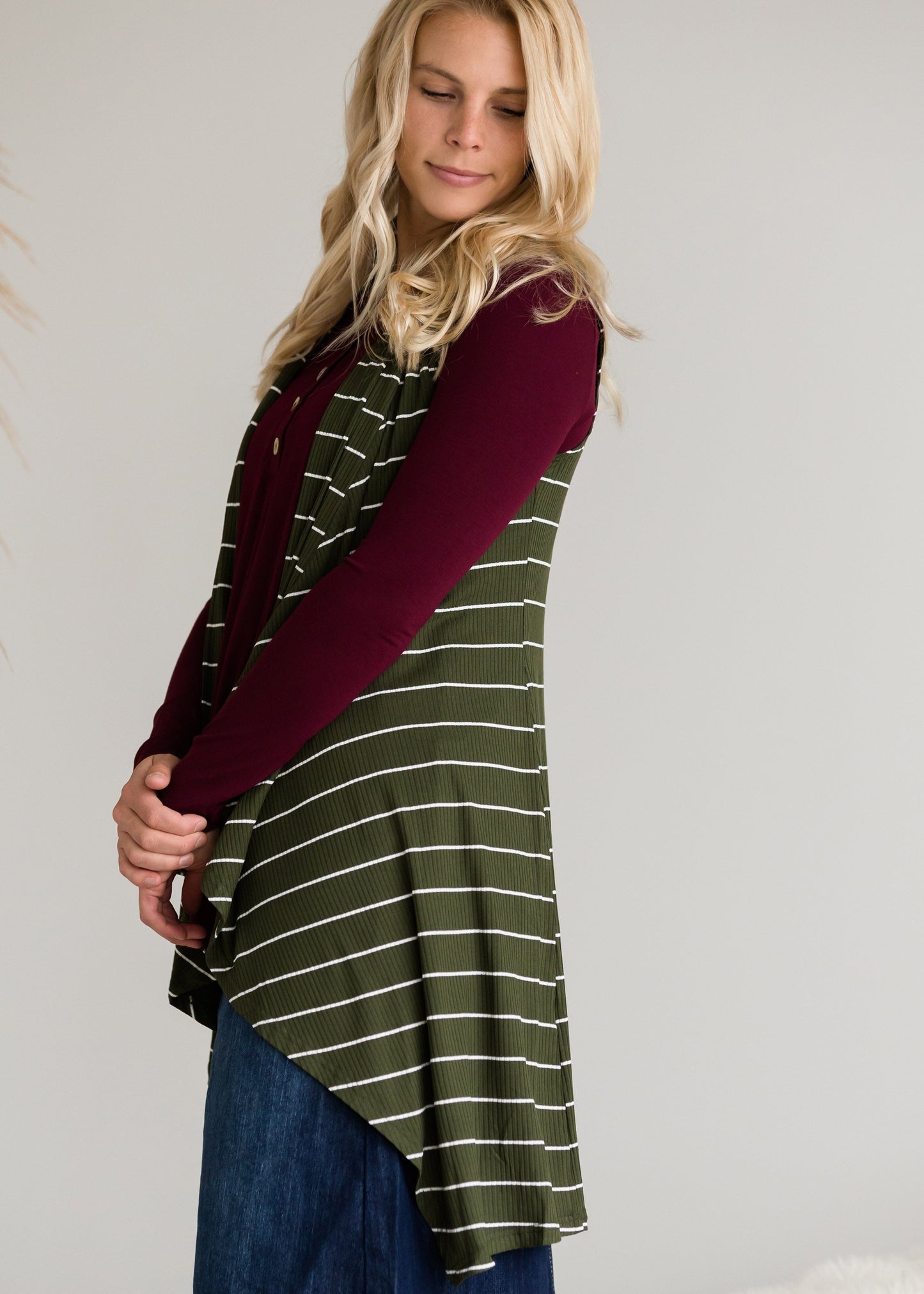 Olive Striped Long Vest - FINAL SALE Tops