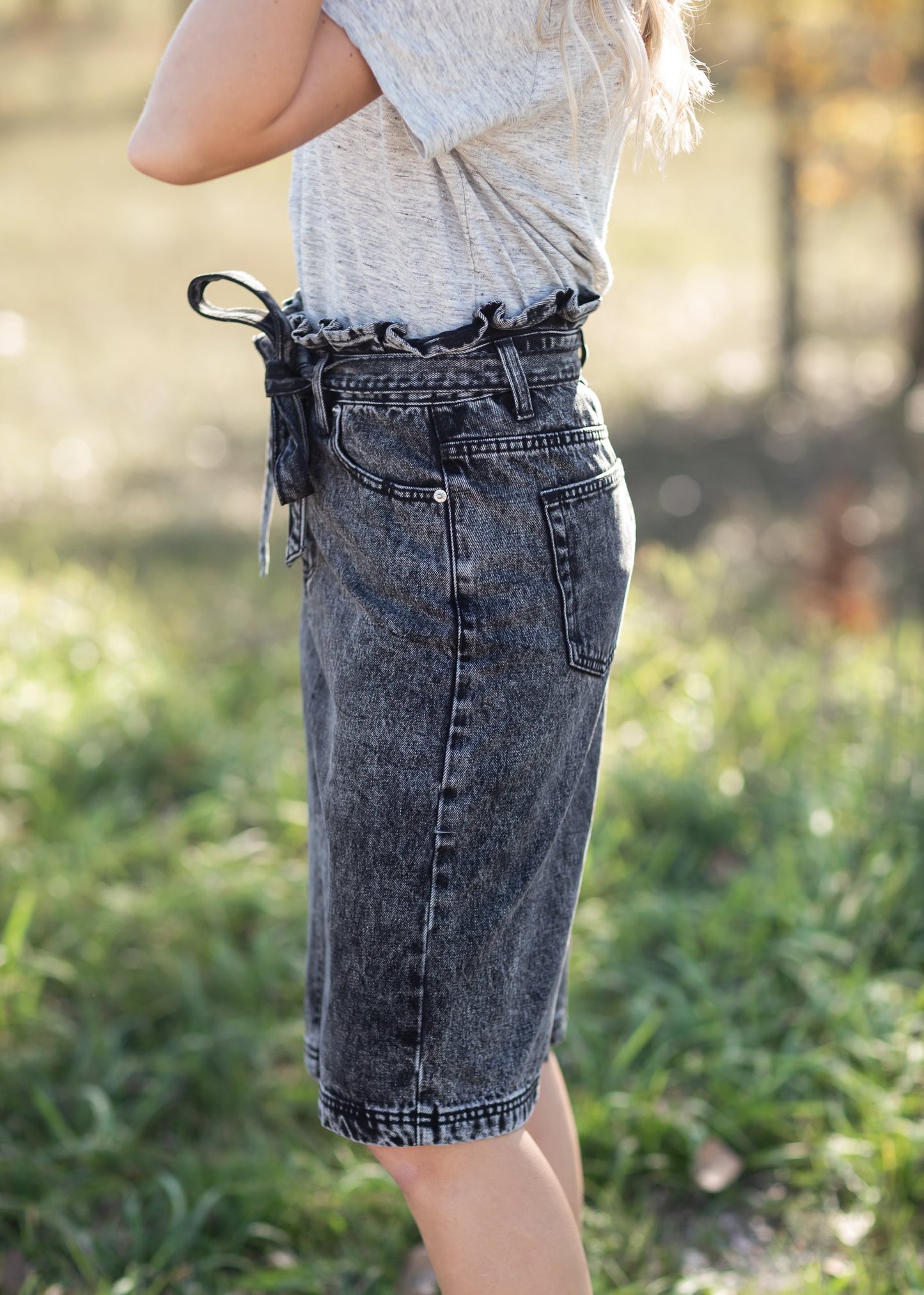 Paperbag Belted Acid Wash Denim Midi Skirt Skirts Tea N Rose